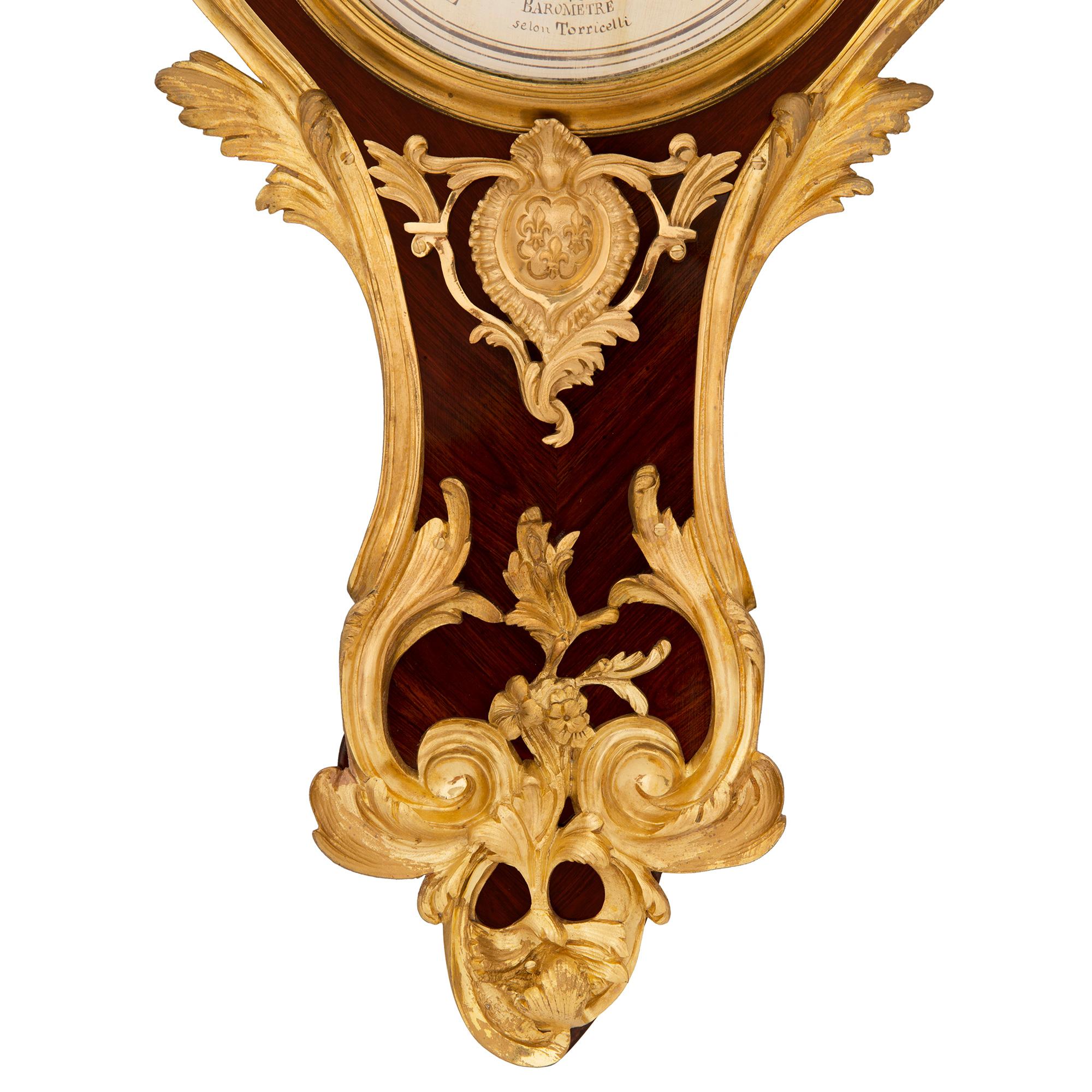 French 19th Century Louis XV Style Kingwood and Ormolu Barometer/Thermometer For Sale 5
