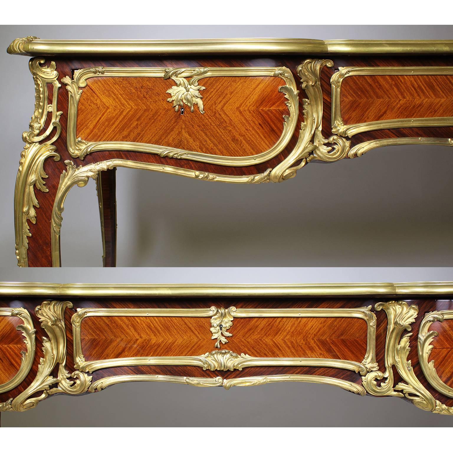 Embossed French 19th Century Louis XV Style Kingwood Gilt-Bronze Mounted Bureau Plat Desk For Sale