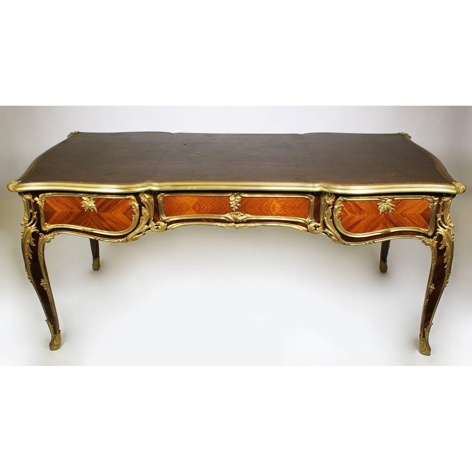 French 19th Century Louis XV Style Kingwood Gilt-Bronze Mounted Bureau Plat Desk For Sale 1