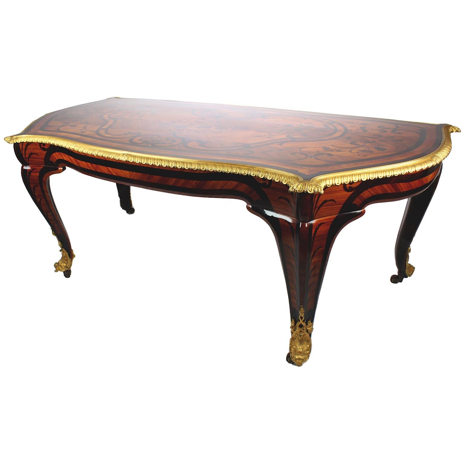 Mahogany French 19th Century Louis XV Style Kingwood Marquetry Ormolu-Mounted Desk Table For Sale