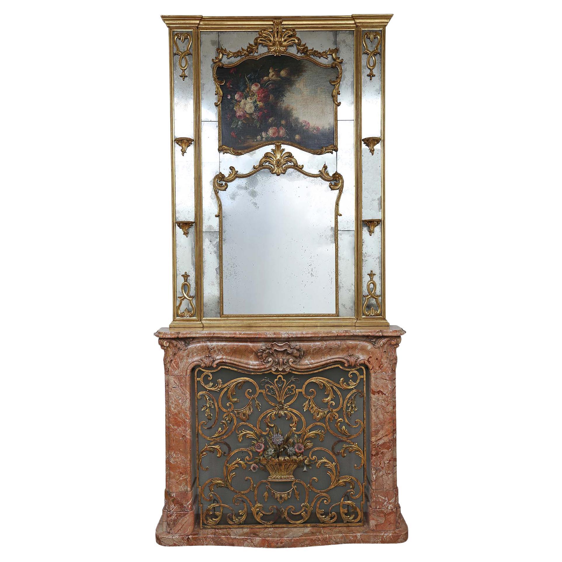French 19th Century Louis XV Style Marble Mantel with Screen and Trumeau For Sale