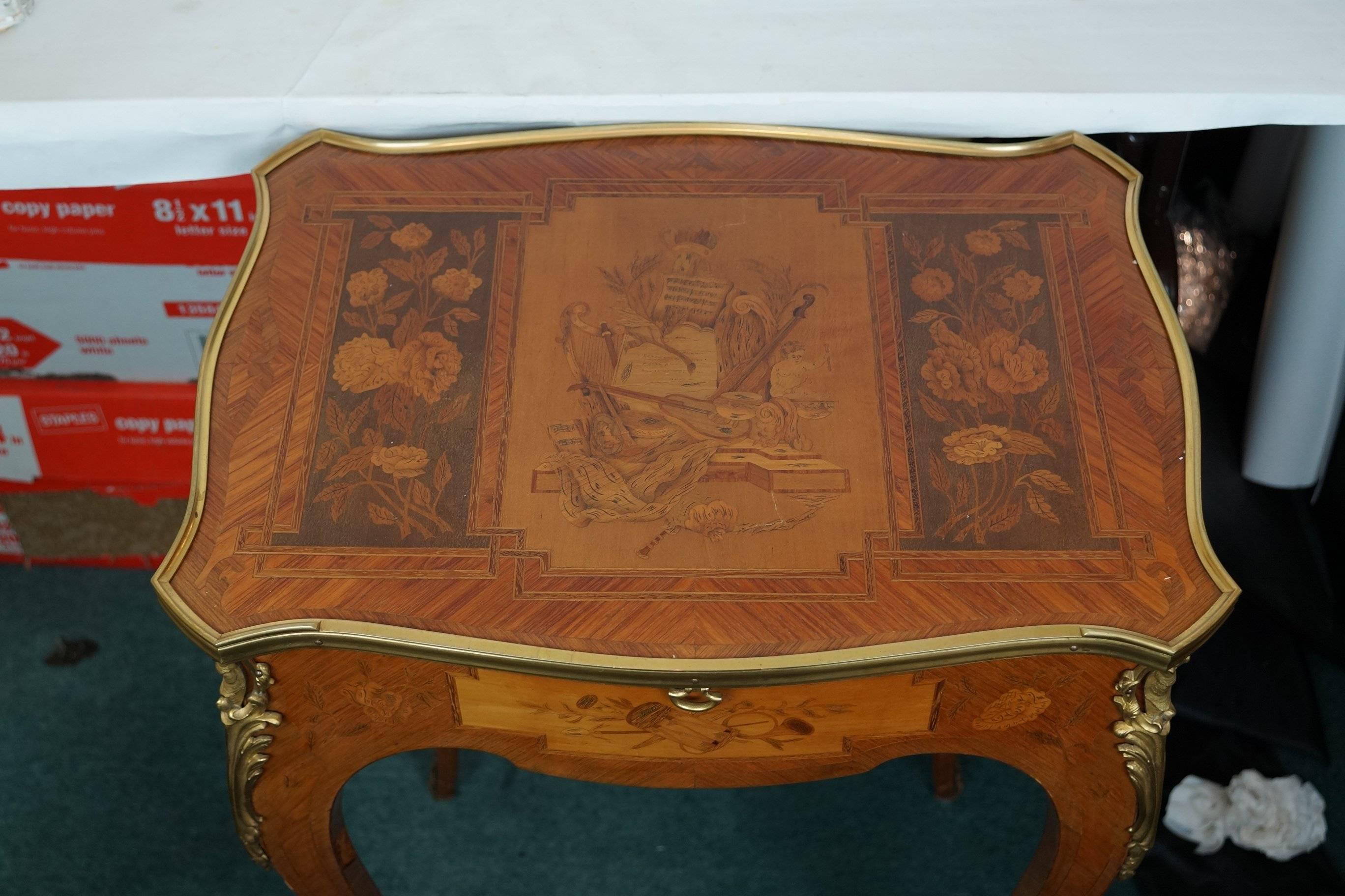 Parquetry French 19th Century Louis XV Style Marquetry Inlaid Side Table Writing Desk For Sale