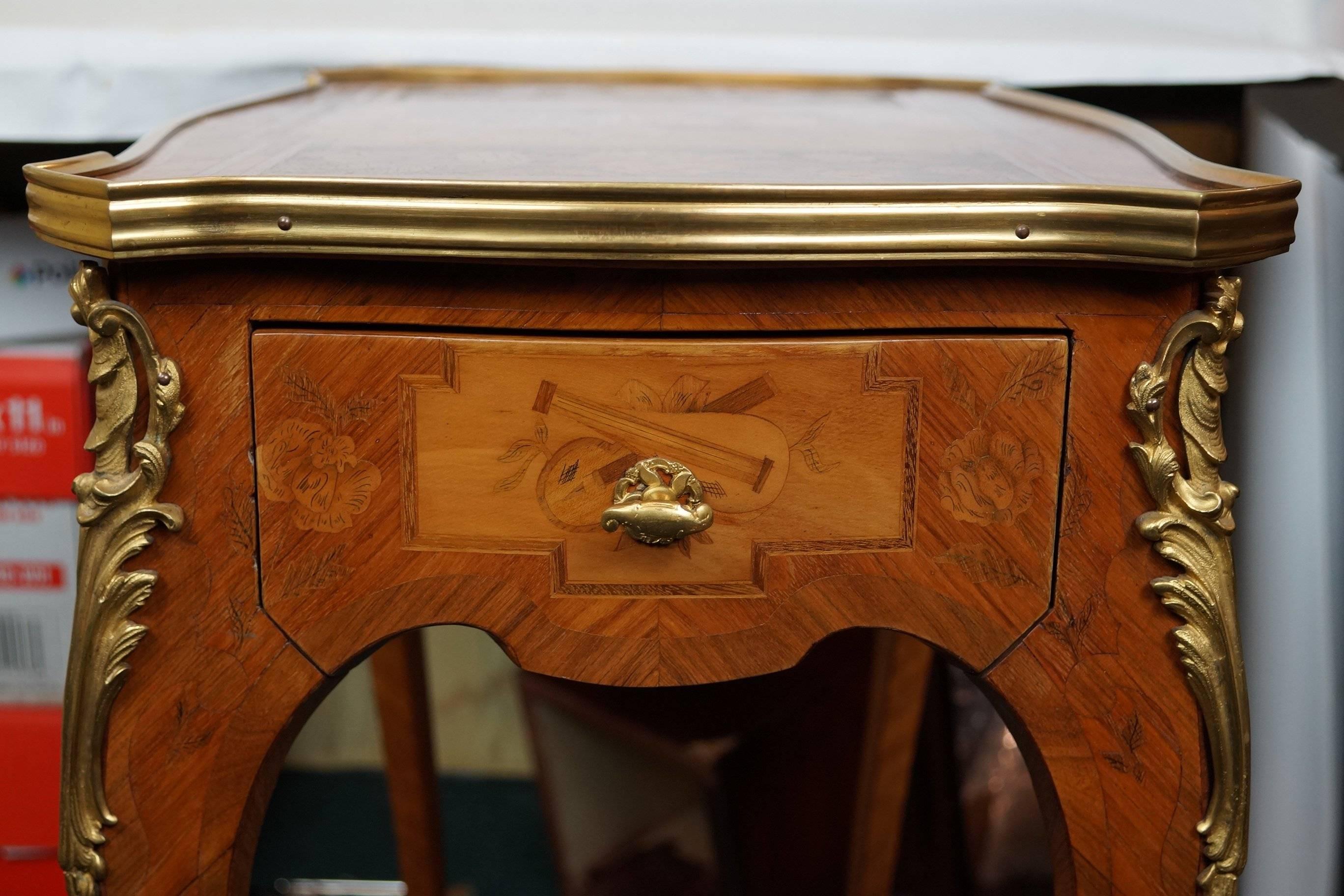 Wood French 19th Century Louis XV Style Marquetry Inlaid Side Table Writing Desk