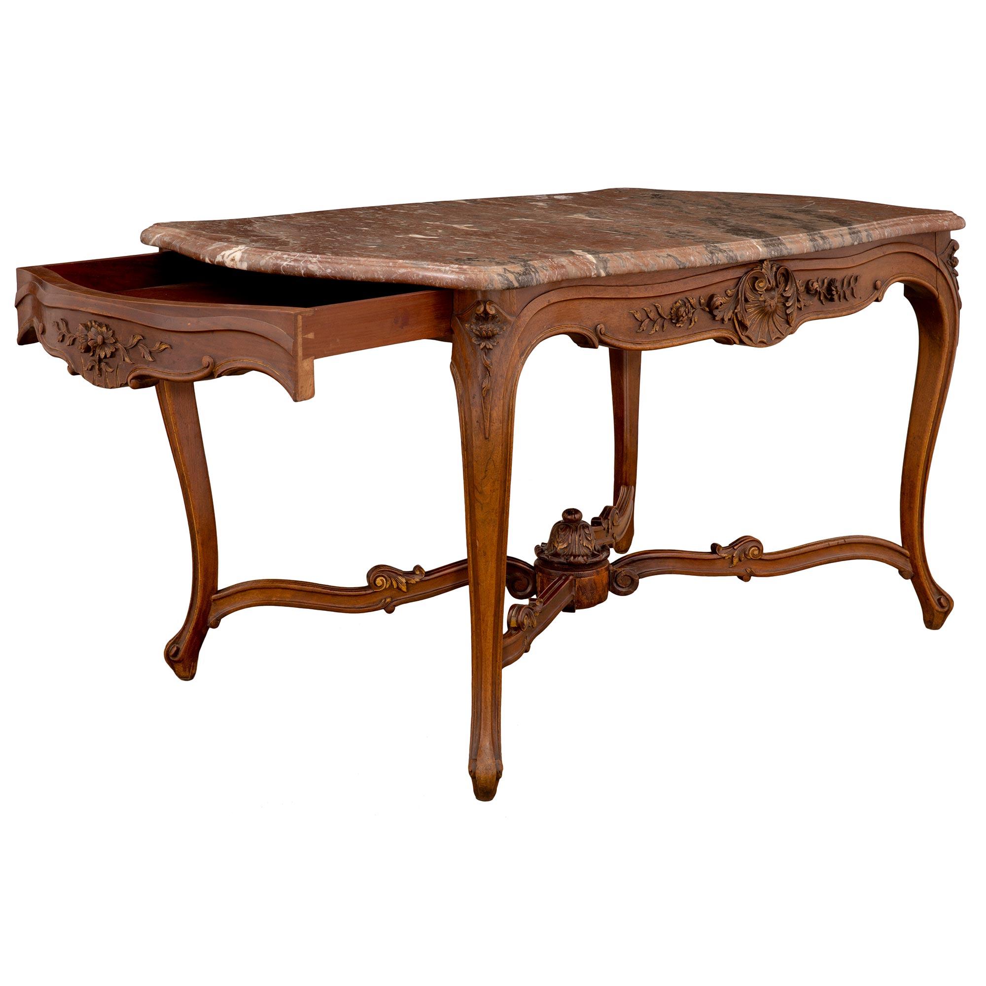 French 19th Century Louis XV Style Oak and Marble Center Table For Sale 1