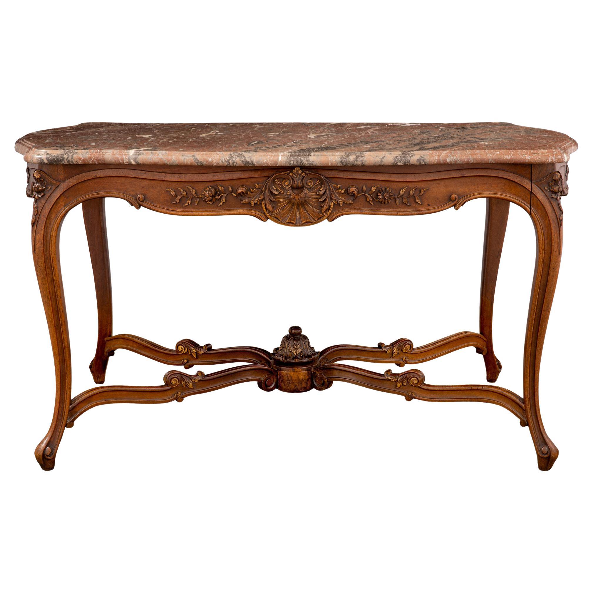 French 19th Century Louis XV Style Oak and Marble Center Table For Sale