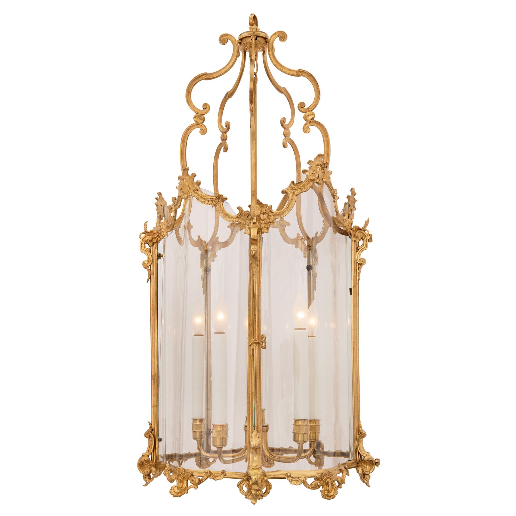 French 19th Century Louis XV Style Ormolu and Glass Lantern, Stamped 