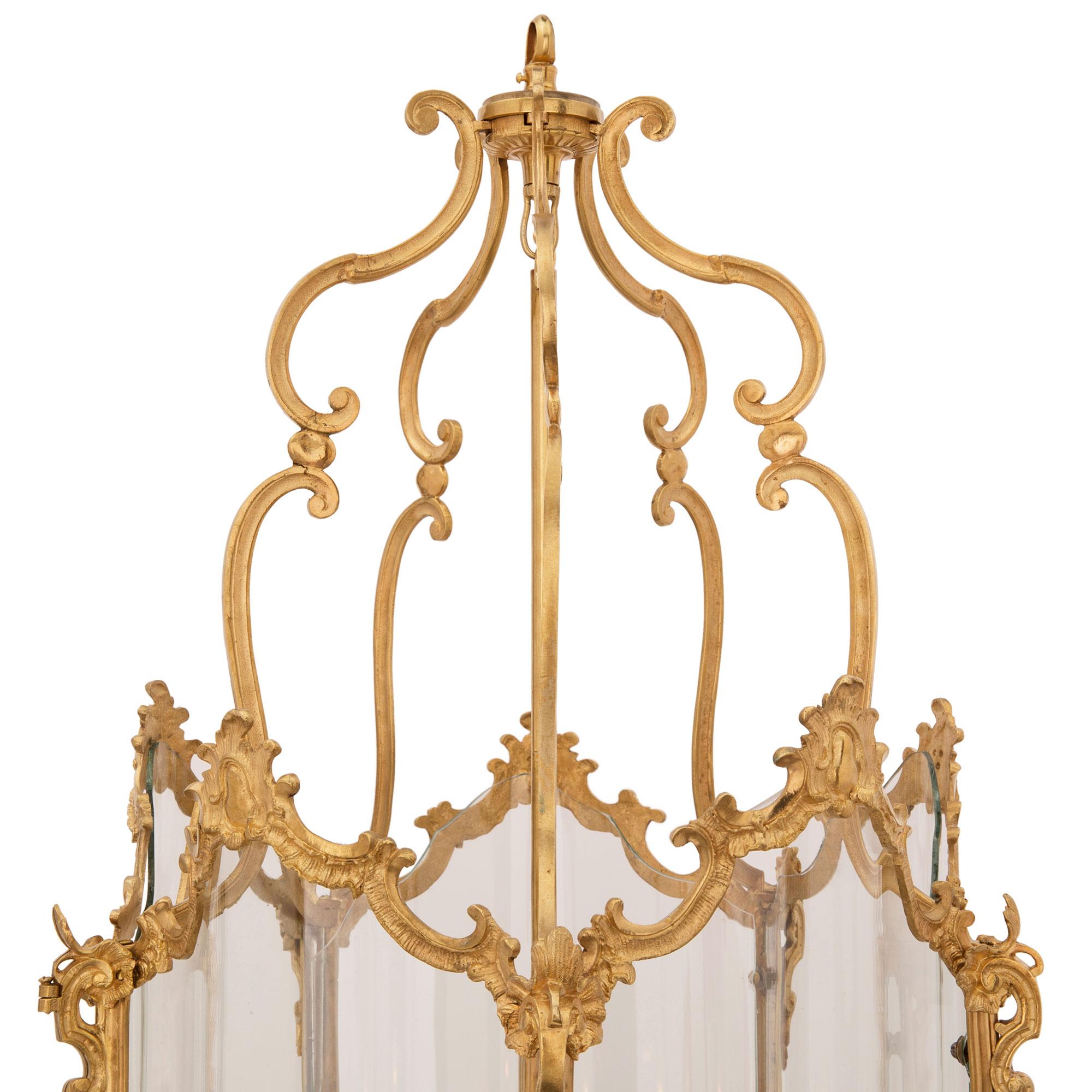 French 19th Century Louis XV Style Ormolu and Glass Lantern, Stamped 