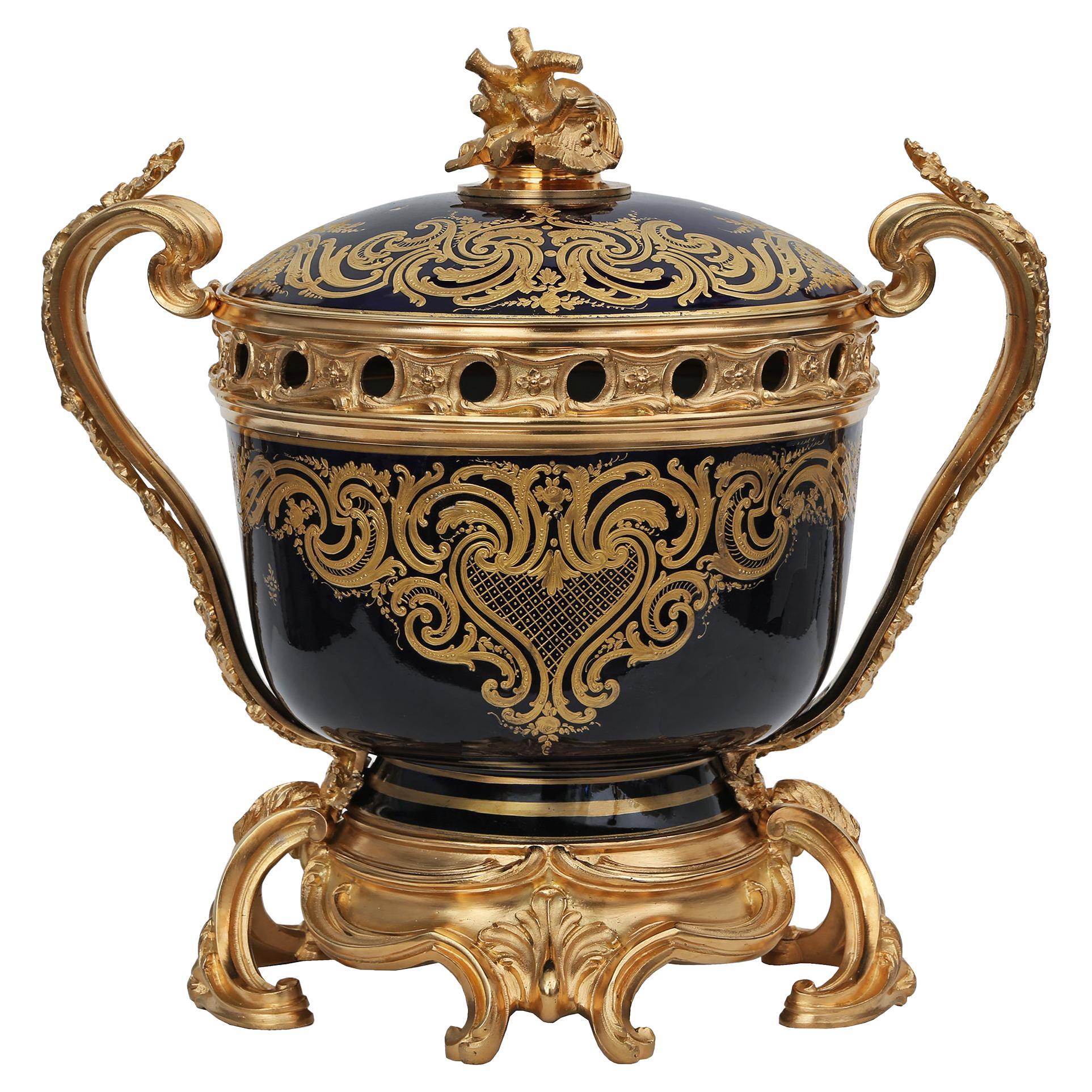 French 19th Century Louis XV Style Ormolu and Porcelain Tureen, Signed Sèvres