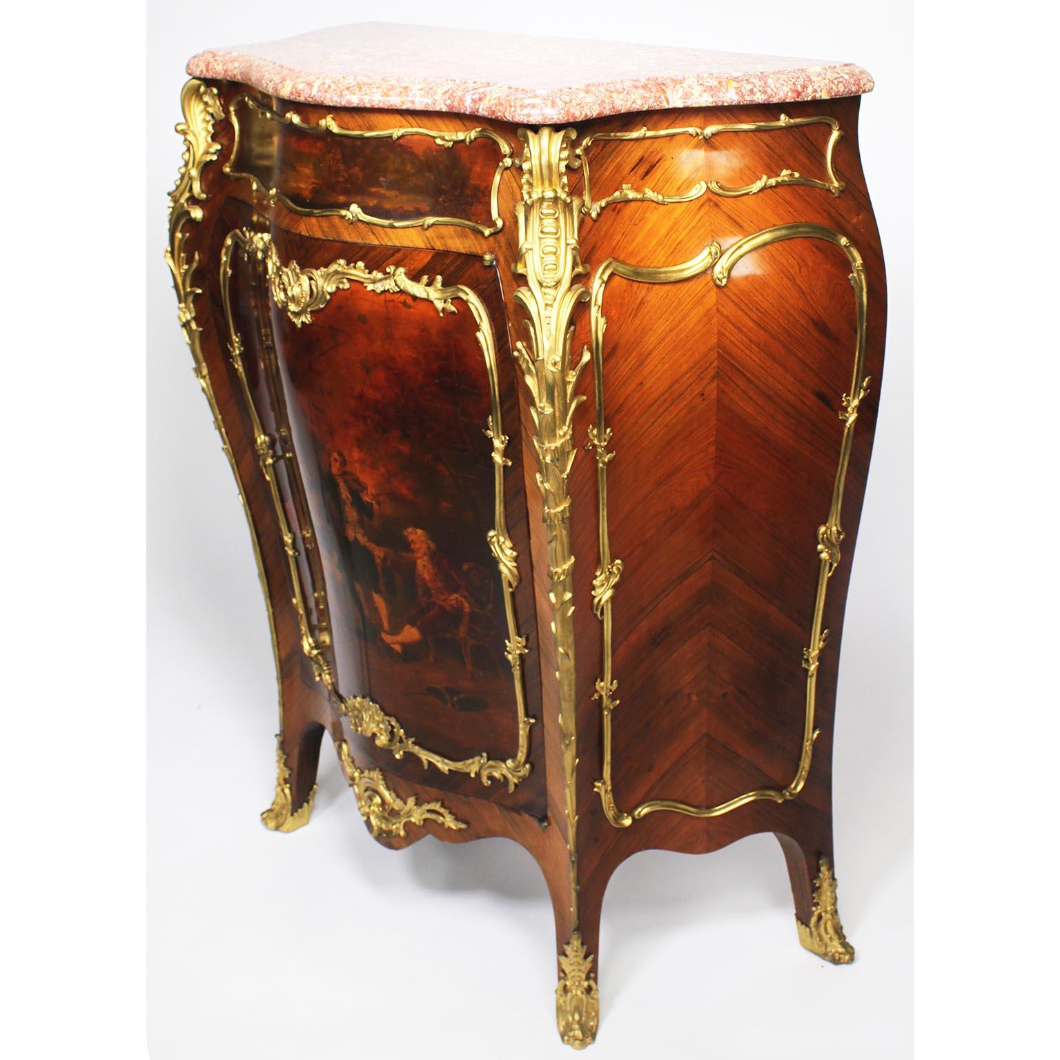A Fine French 19th Century Louis XV Style Kingwood and Tulpwood Gilt-Bronze Mounted Vernis Martin Style Serpentine Meuble d'Appui (Side cabinet) with Marble Top. The triple-bombé single door body fitted with a Spanish Brocatelle marble top, the