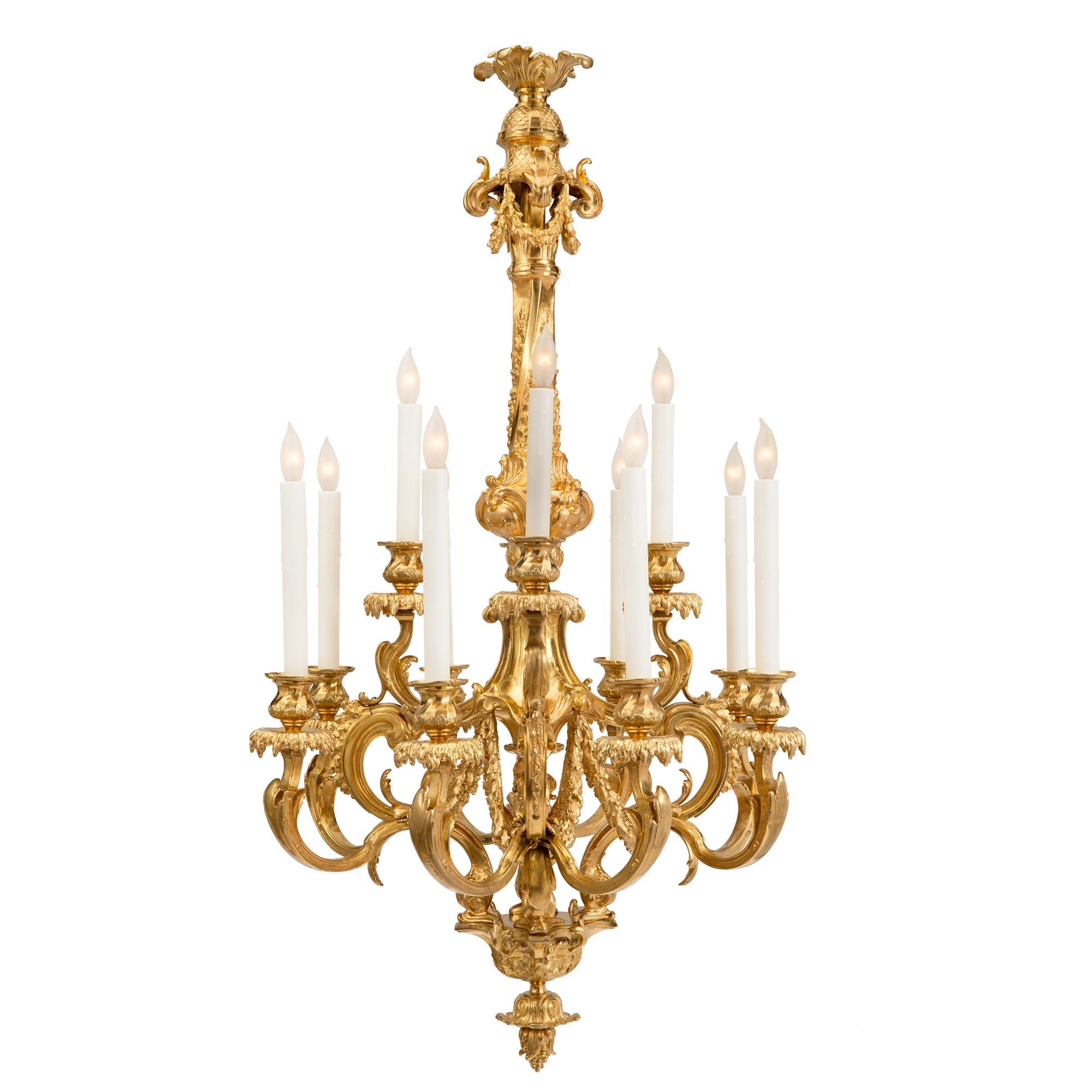 French 19th Century Louis XV Style Ormolu Twelve-Light Chandelier In Good Condition For Sale In West Palm Beach, FL
