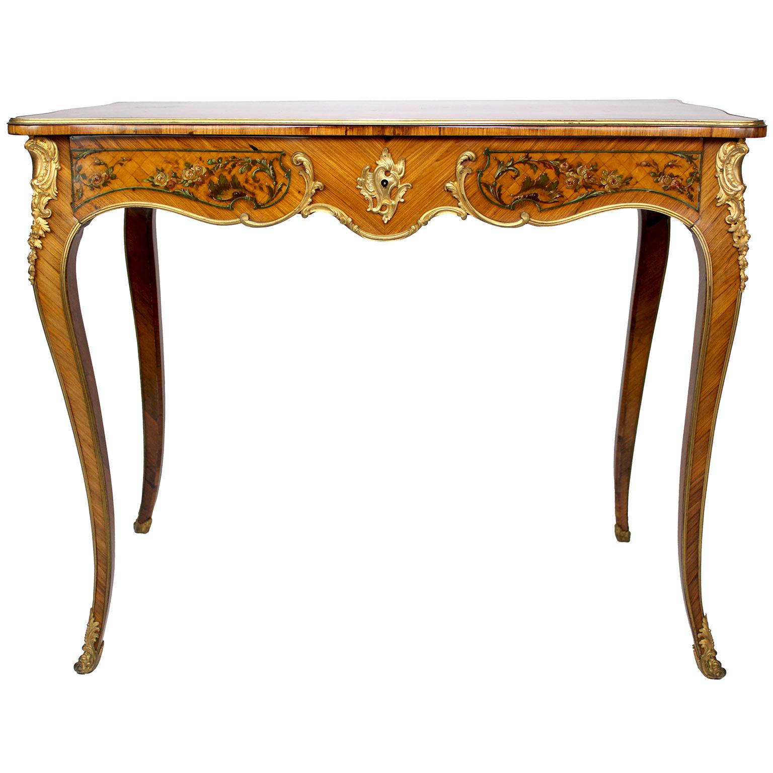 Dorato Scrivania francese del XIX secolo in stile Louis XV con ormeggio e Vernis Martin, Attr. Majorelle in vendita