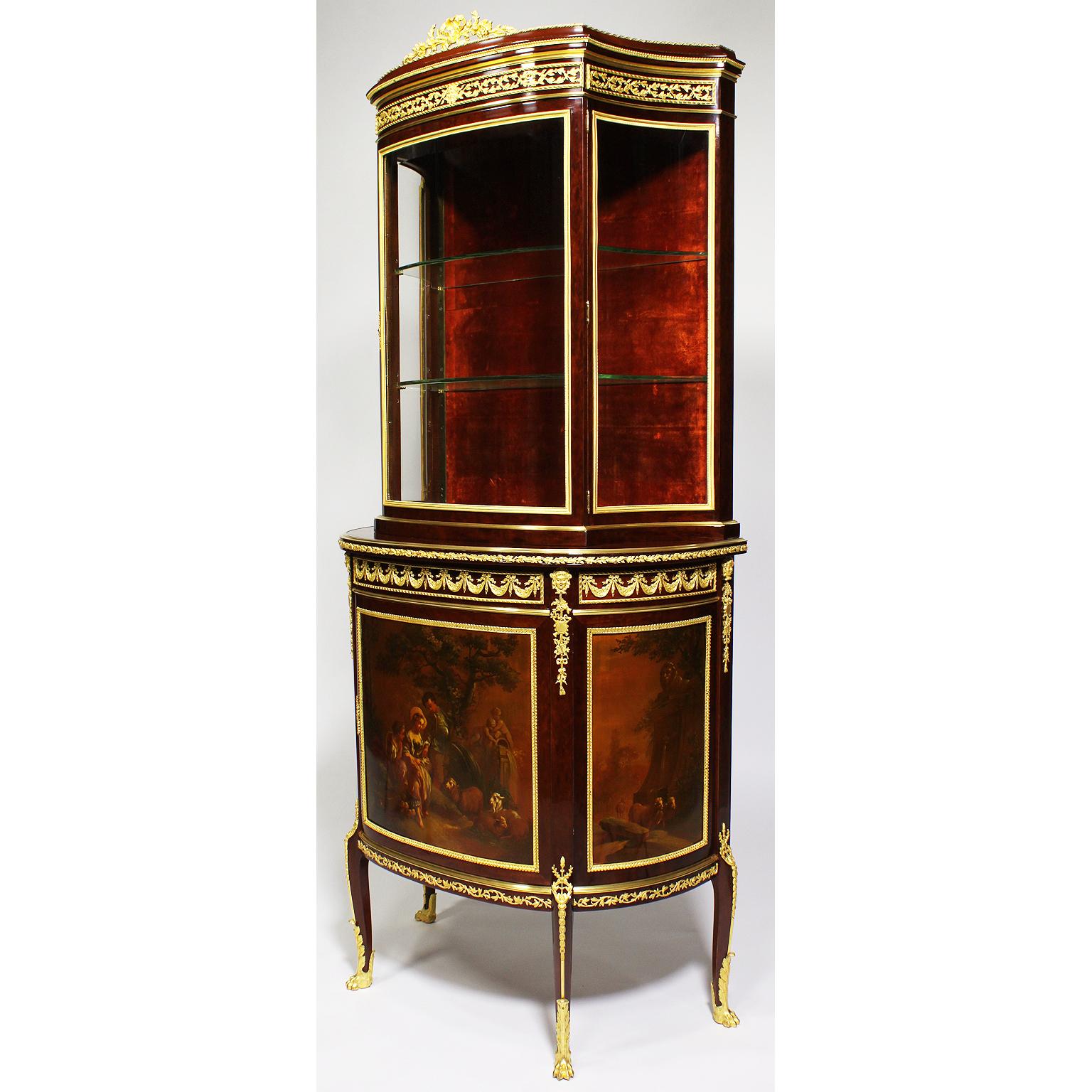 A very fine French 19th century Louis XV style ormolu mounted plum pudding mahogany veneer, mahogany and Vernis Martin decorated vitrine à Deux Corps, probably by François Linke (1855-1946). The lower structure fitted with finely chased gilt-bronze