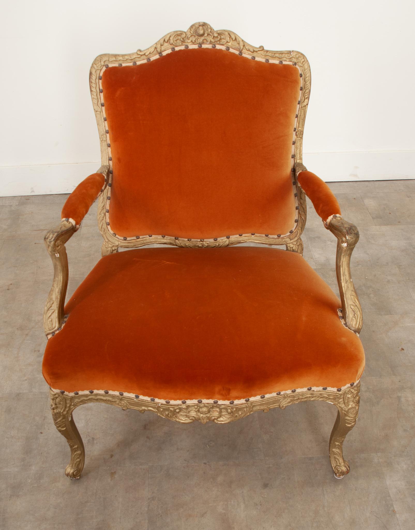Hand-Carved French 19th Century Louis XV Style Painted Fauteuil For Sale