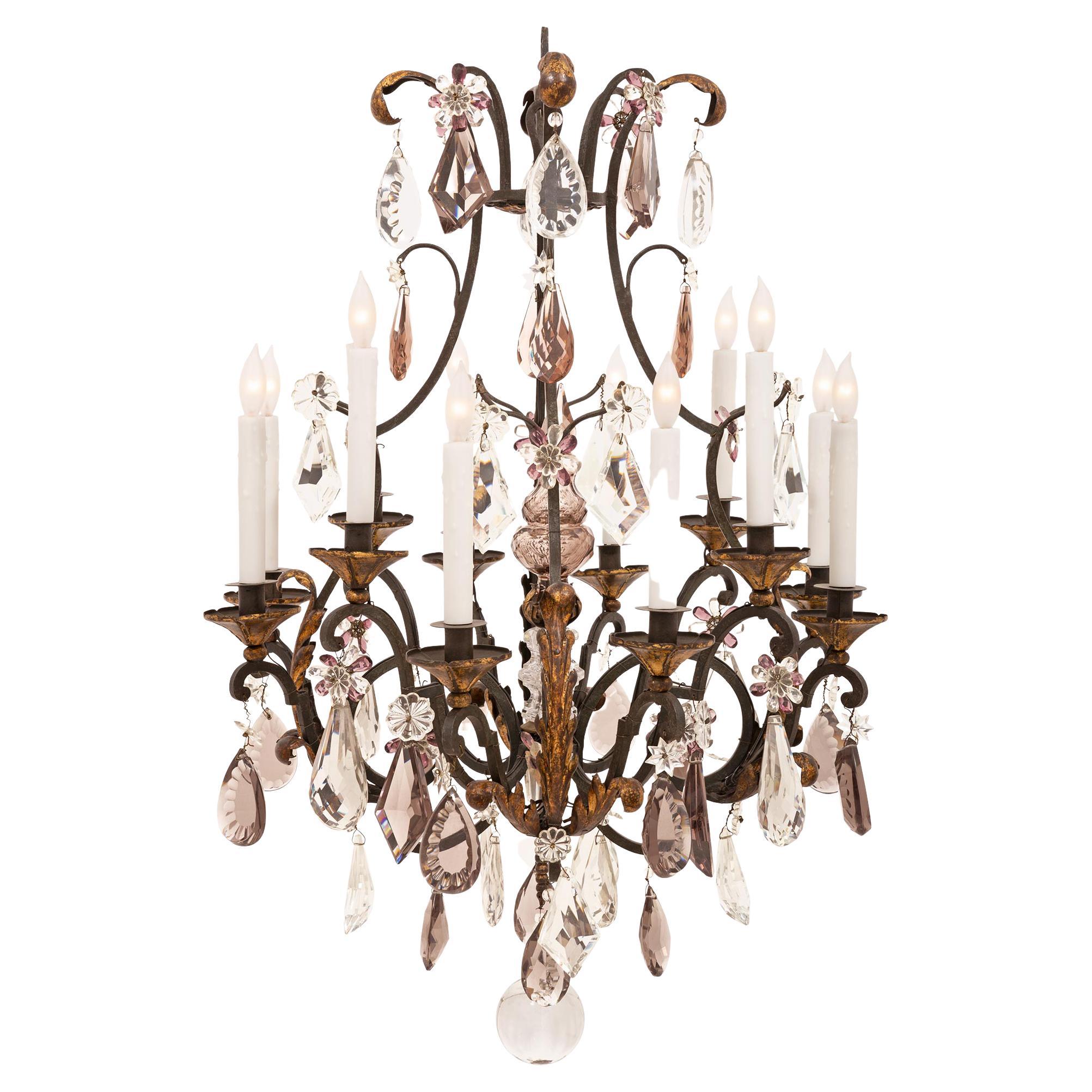 French 19th Century Louis XV Style Patinated and Gilt Wrought Iron Chandelier