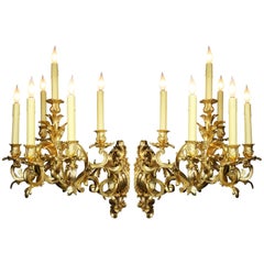 French 19th Century Louis XV Style Rococo Gilt-Bronze Wall Lights Sconces, Pair