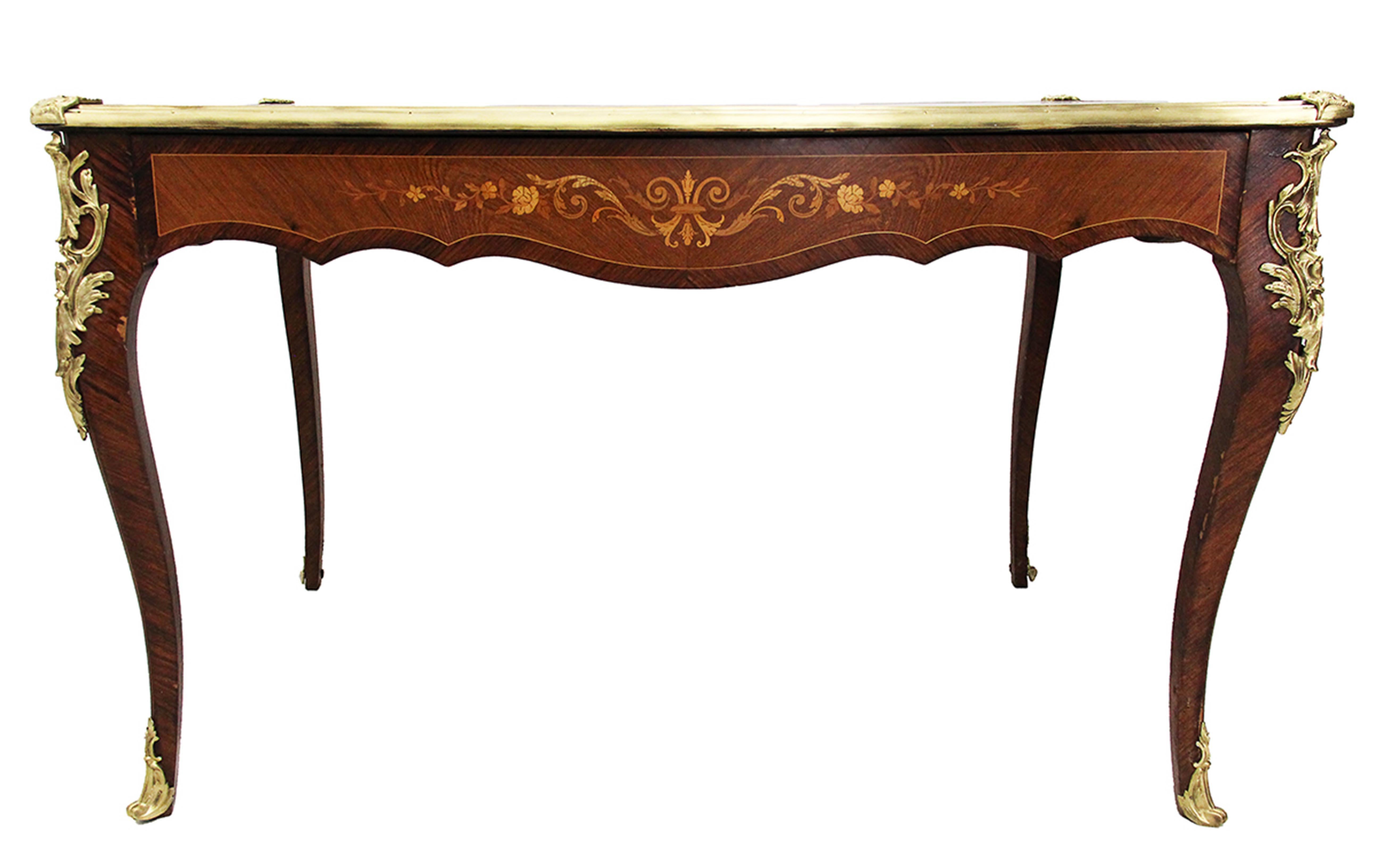 Wood French 19th Century Louis XV Style Table with Flower Marquetry and Bronze Framed For Sale