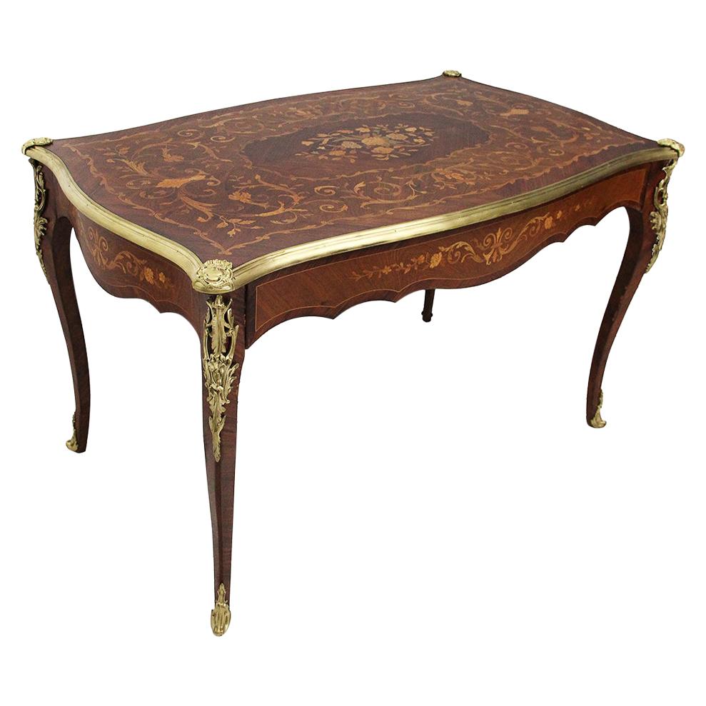 French 19th Century Louis XV Style Table with Flower Marquetry and Bronze Framed For Sale