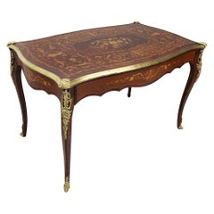 French 19th Century Louis XV Style Table with Flower Marquetry and Bronze Framed