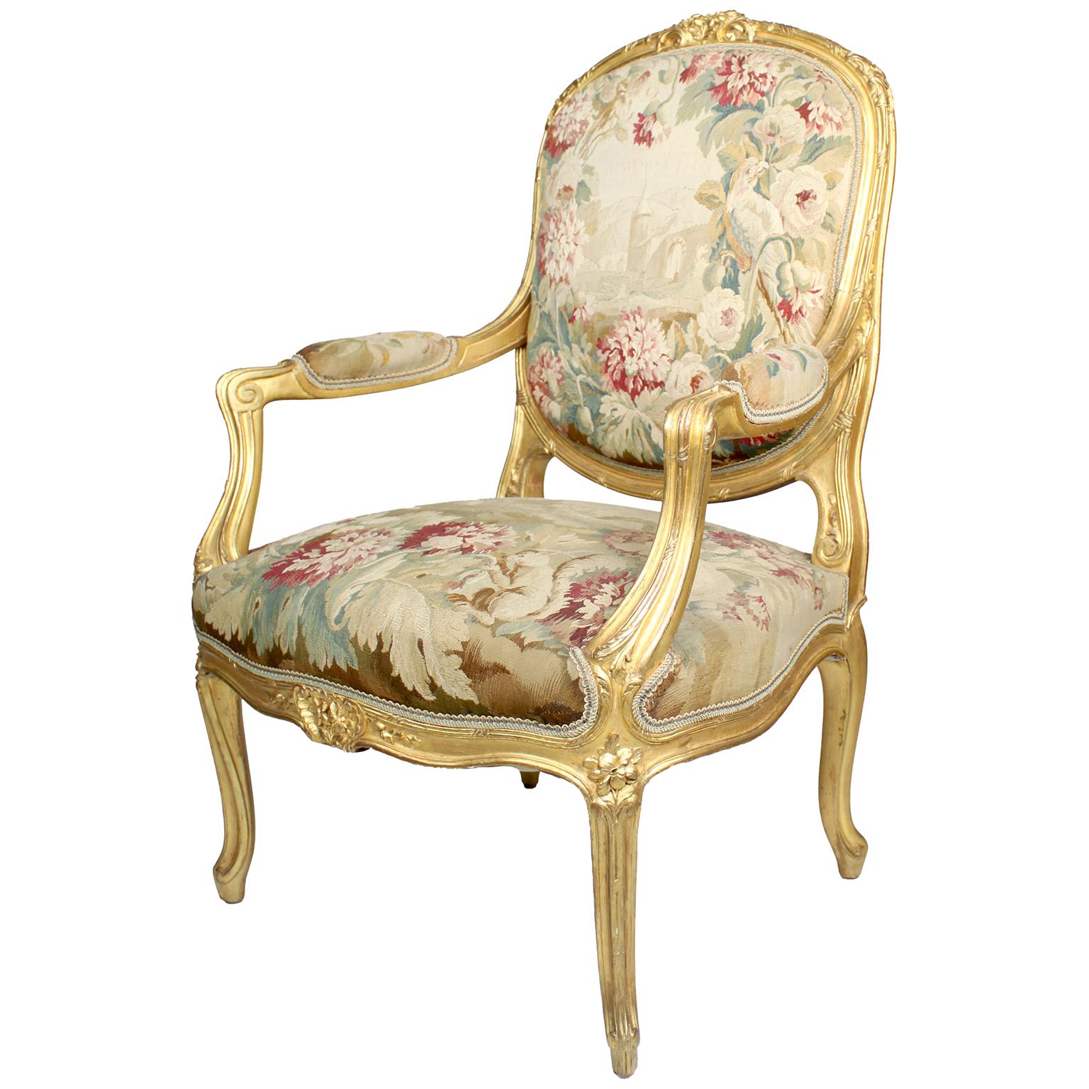 French 19th Century Louis XV Style Three-Piece Giltwood and Aubusson Salon Suite For Sale 9