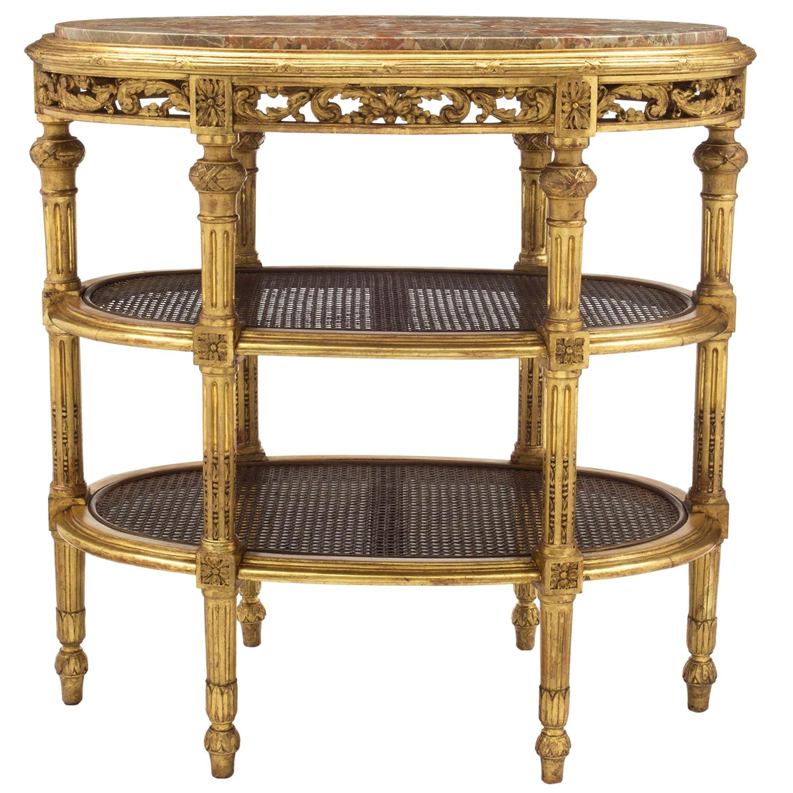 Table française du 19ème siècle de style Louis XV à trois niveaux en bois doré et marbre