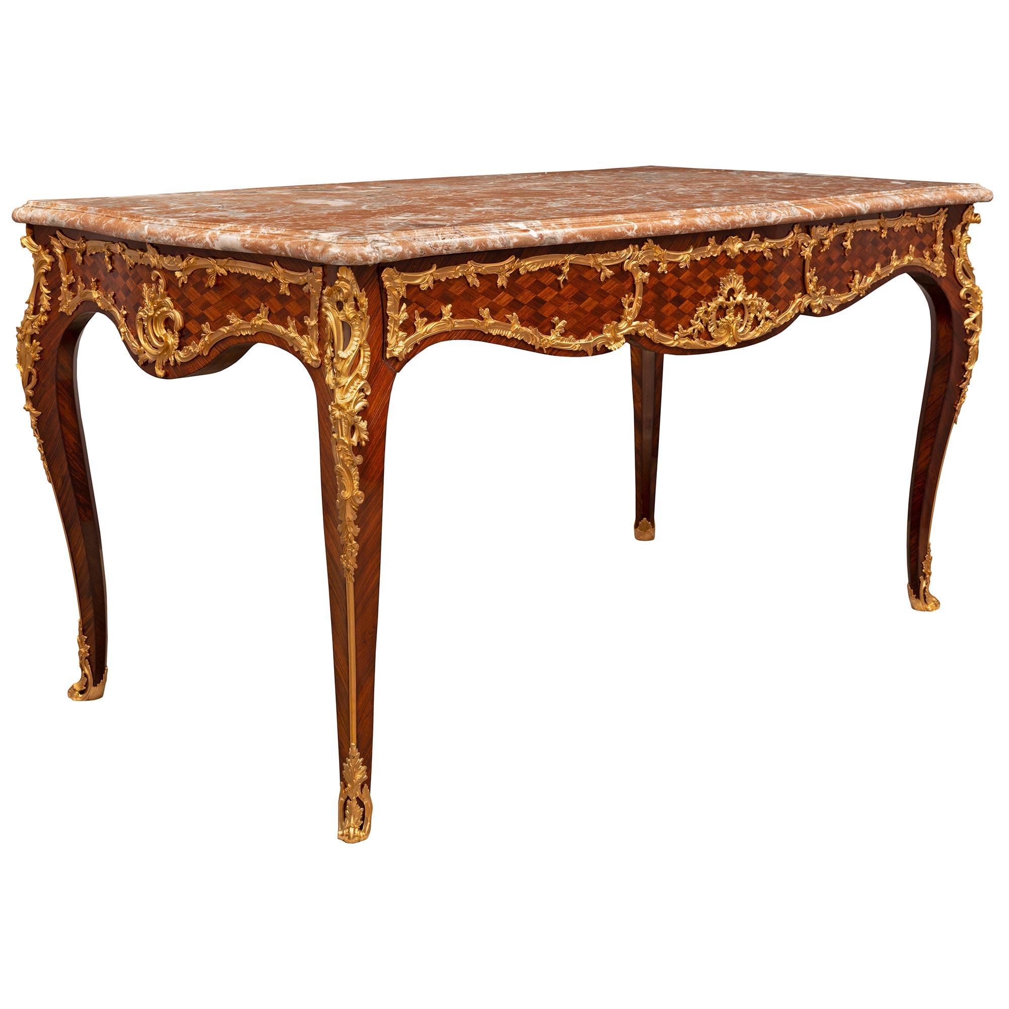 French 19th Century Louis XV Style Tulipwood and Ormolu Center Table In Good Condition For Sale In West Palm Beach, FL