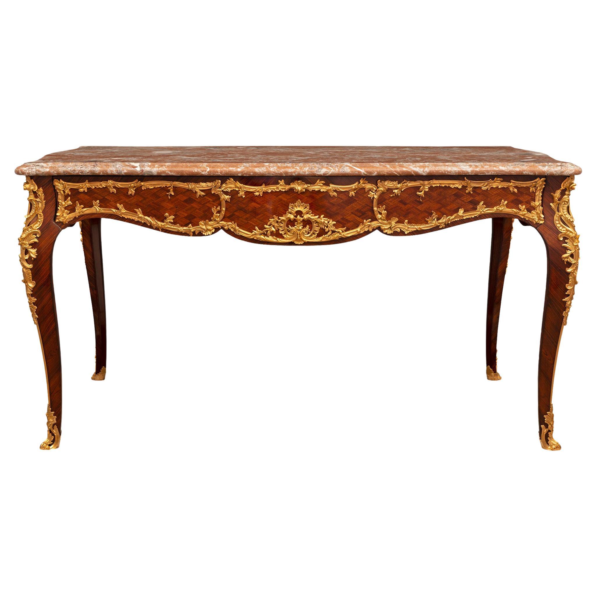 French 19th Century Louis XV Style Tulipwood and Ormolu Center Table