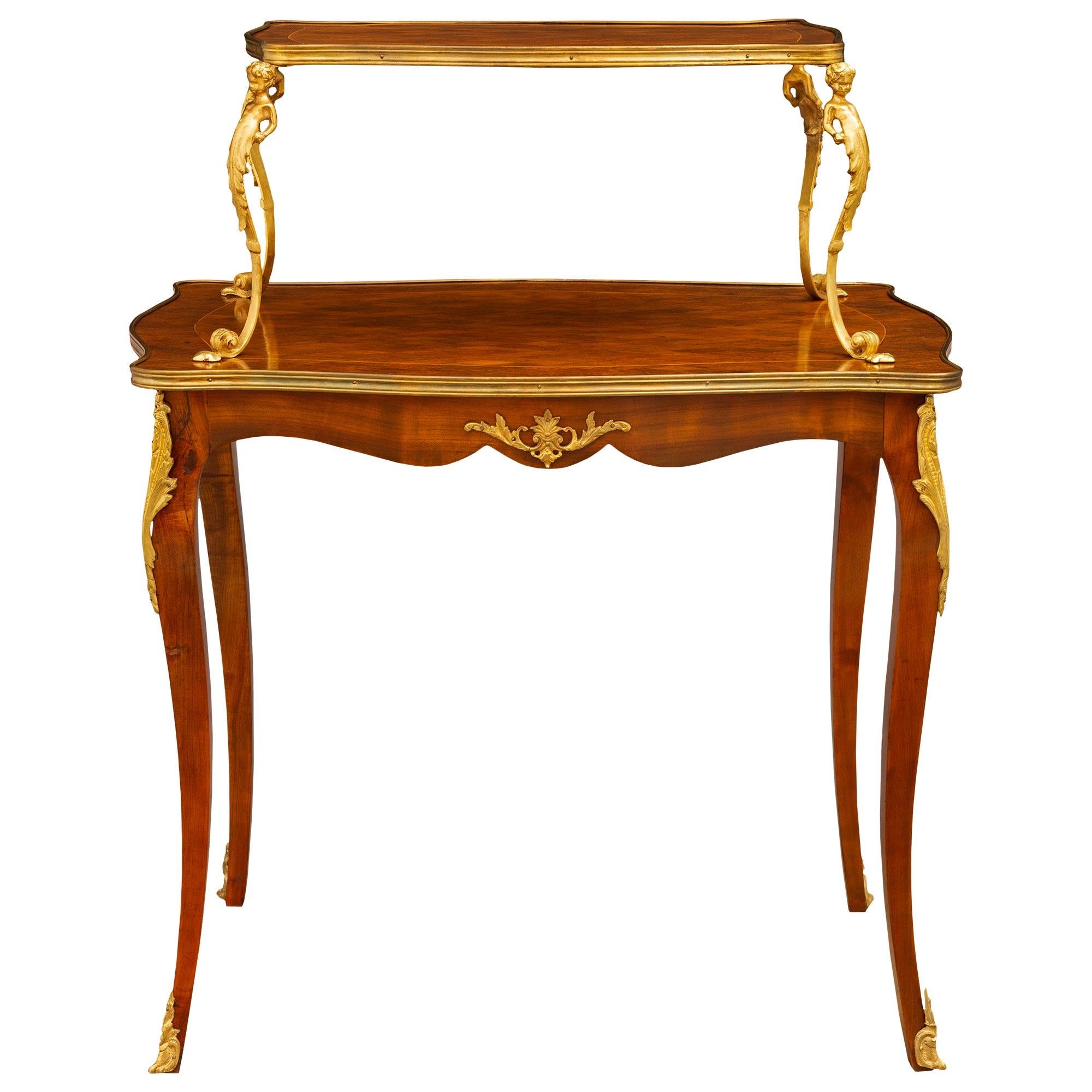 French 19th Century Louis XV Style Two-Tier Mahogany and Ormolu Serving Table For Sale 6