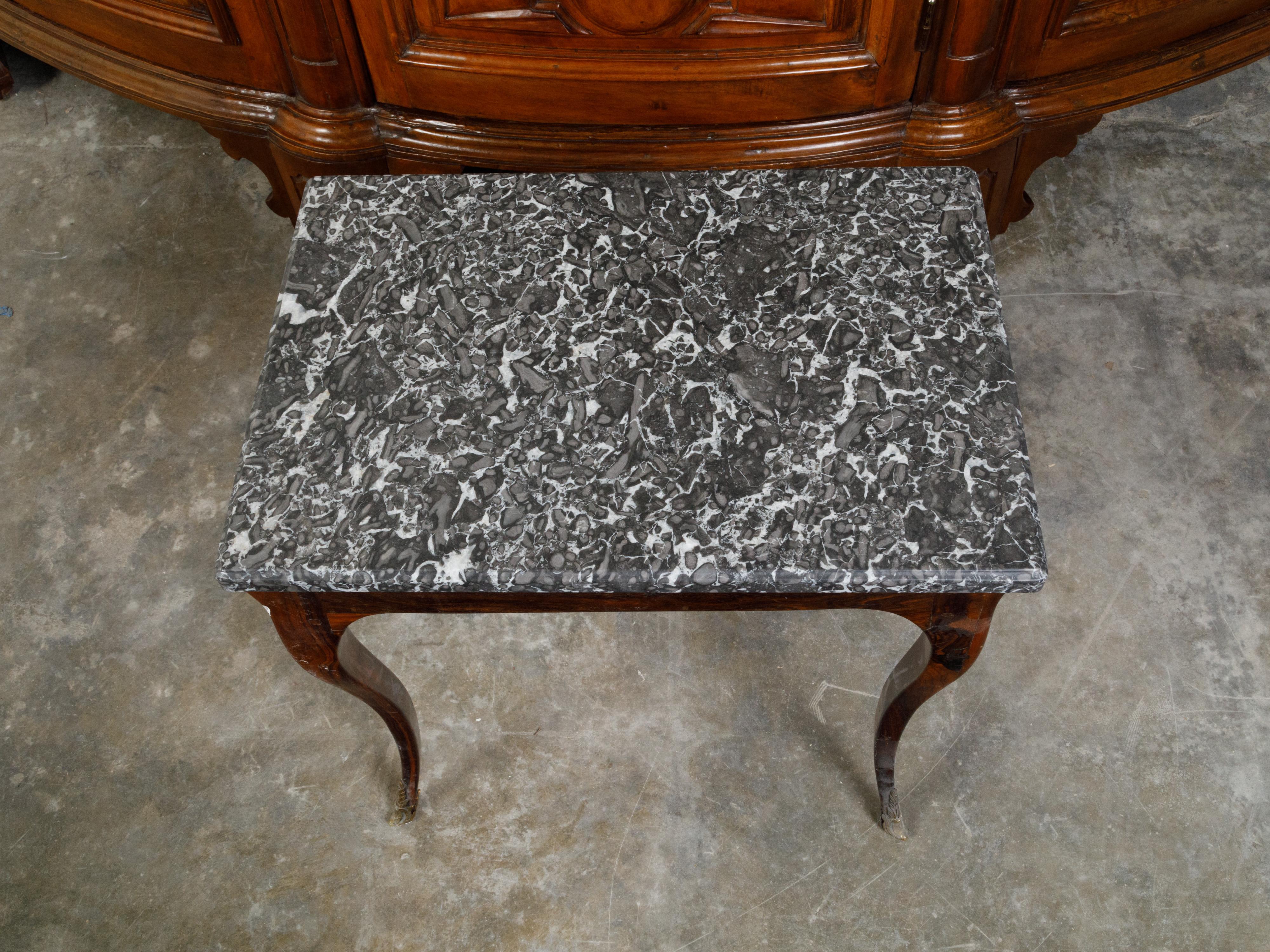 Veneer French 19th Century Louis XV Style Walnut Side Table with Grey Marble Top For Sale