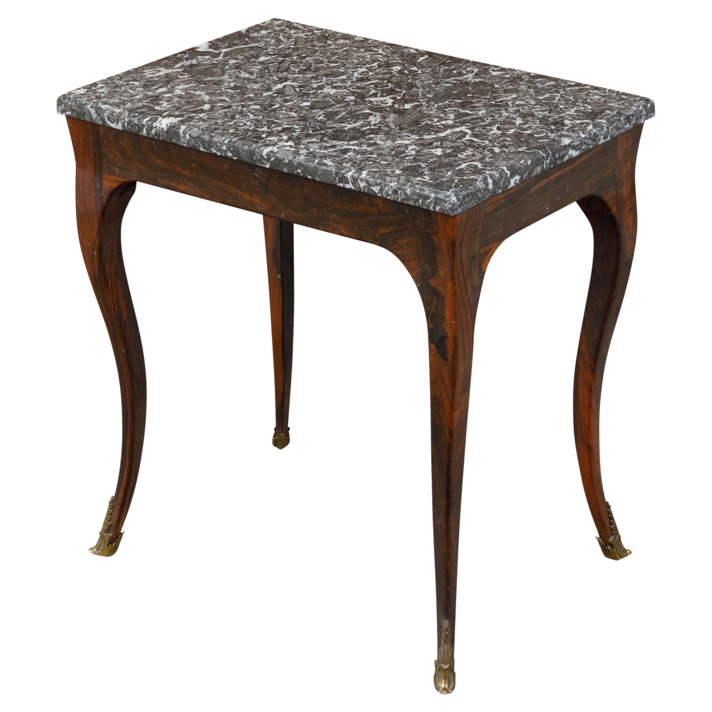 French 19th Century Louis XV Style Walnut Side Table with Grey Marble Top For Sale