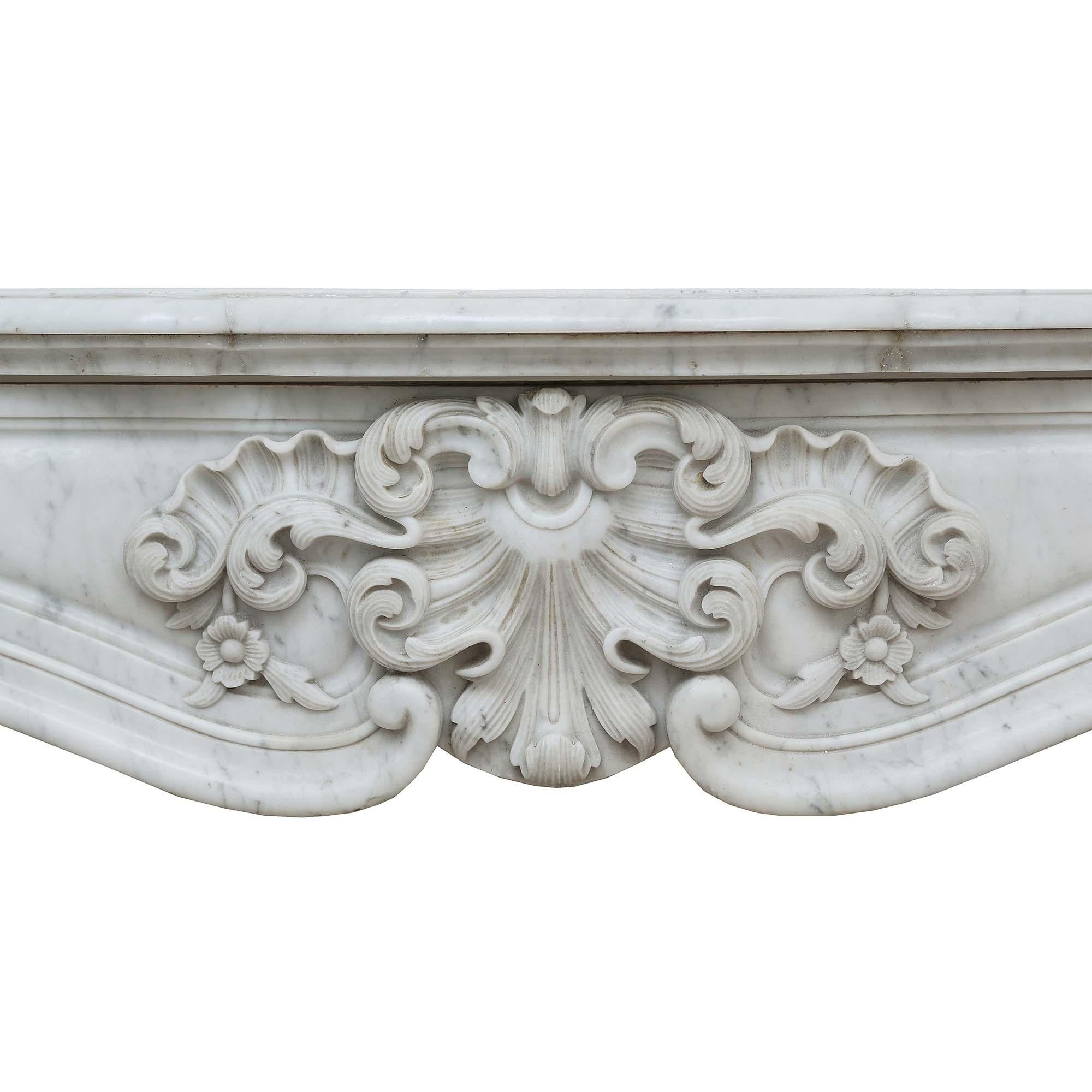 French 19th Century Louis XV Style White Carrara Marble Mantel For Sale 2