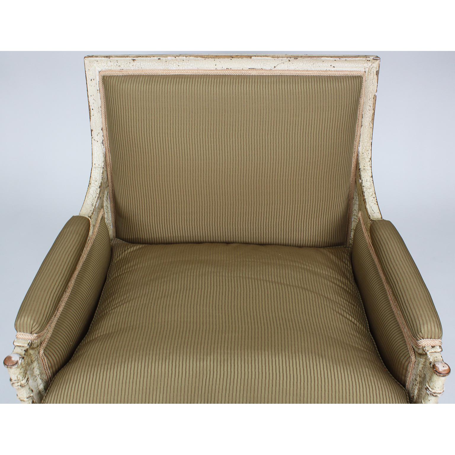 Hand-Carved French 19th Century Louis XVI Style White-Painted Lounge Chaise Ottoman Armchair For Sale