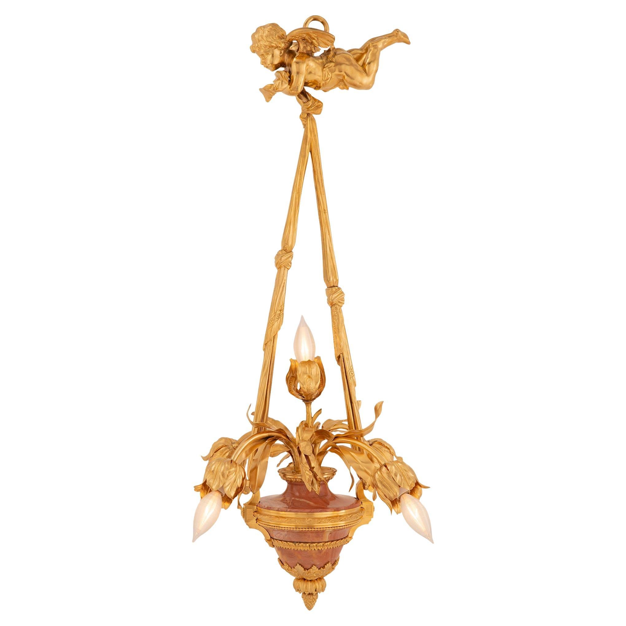Kronleuchter aus Goldbronze und Marmor aus der Belle Poque-Periode des 19. Jahrhunderts, Louis XVI.