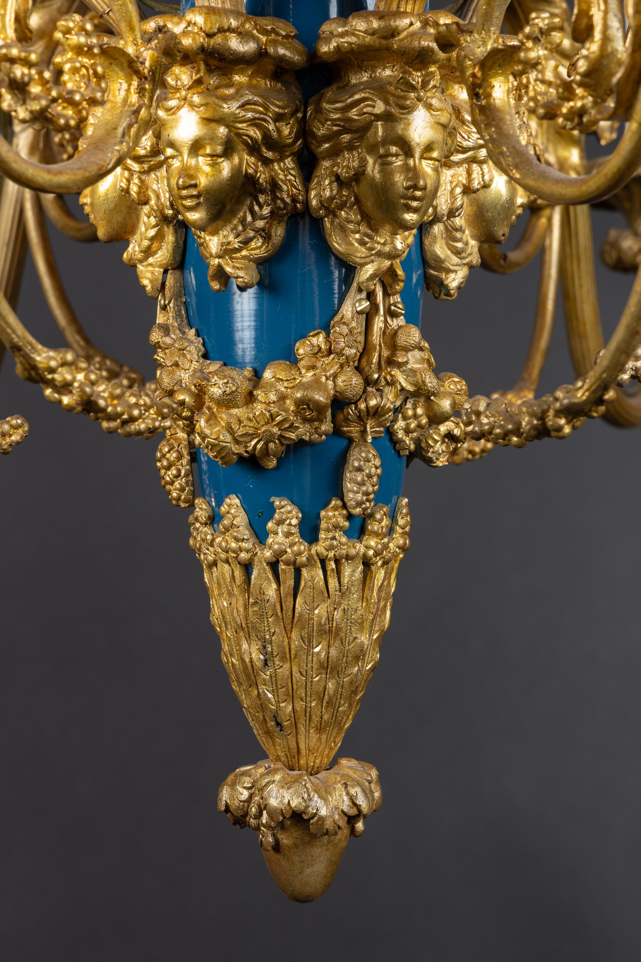 French 19th Century Louis XVI Bronze and Blue Enamel Chandelier For Sale 11