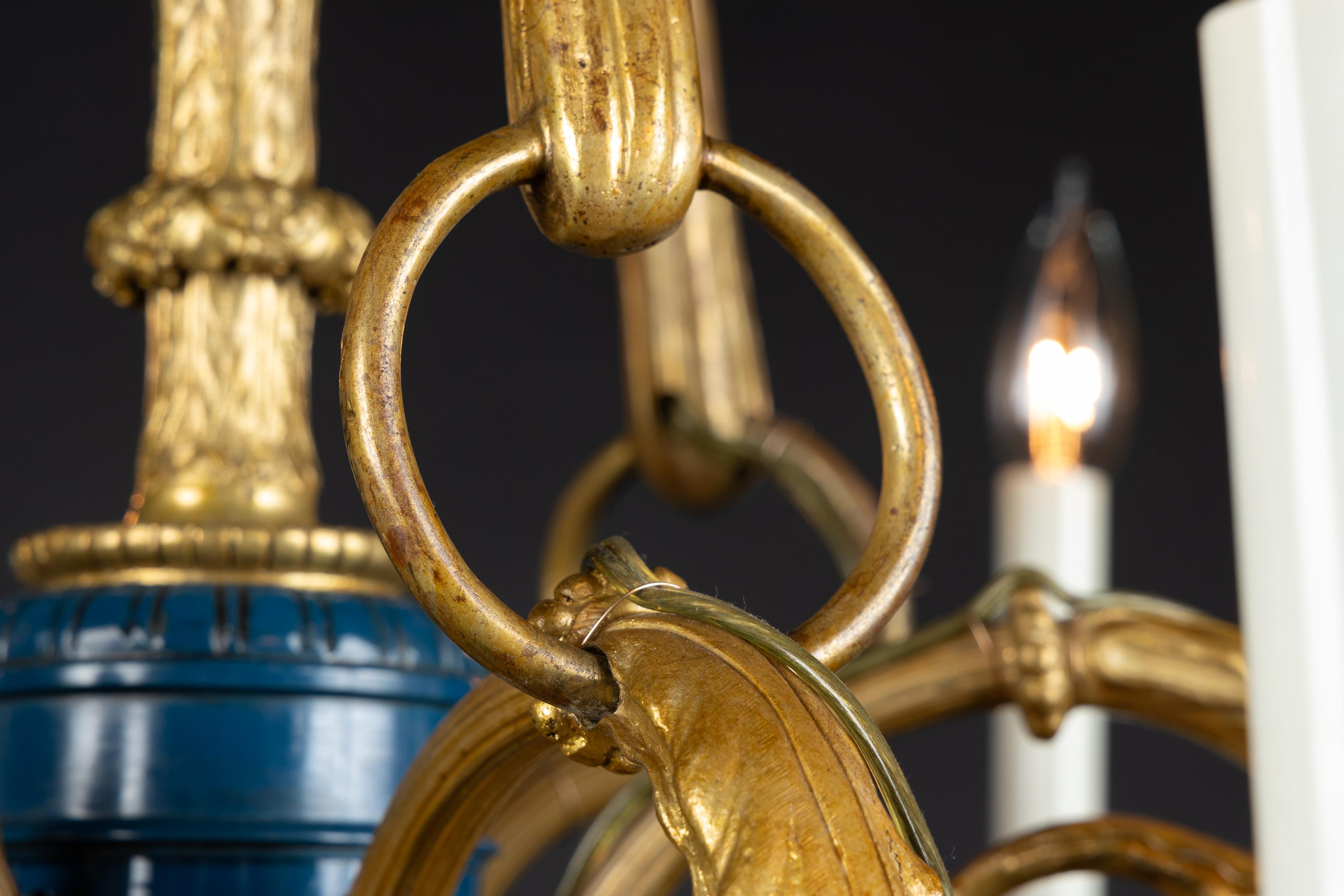 French 19th Century Louis XVI Bronze and Blue Enamel Chandelier In Good Condition For Sale In New Orleans, LA