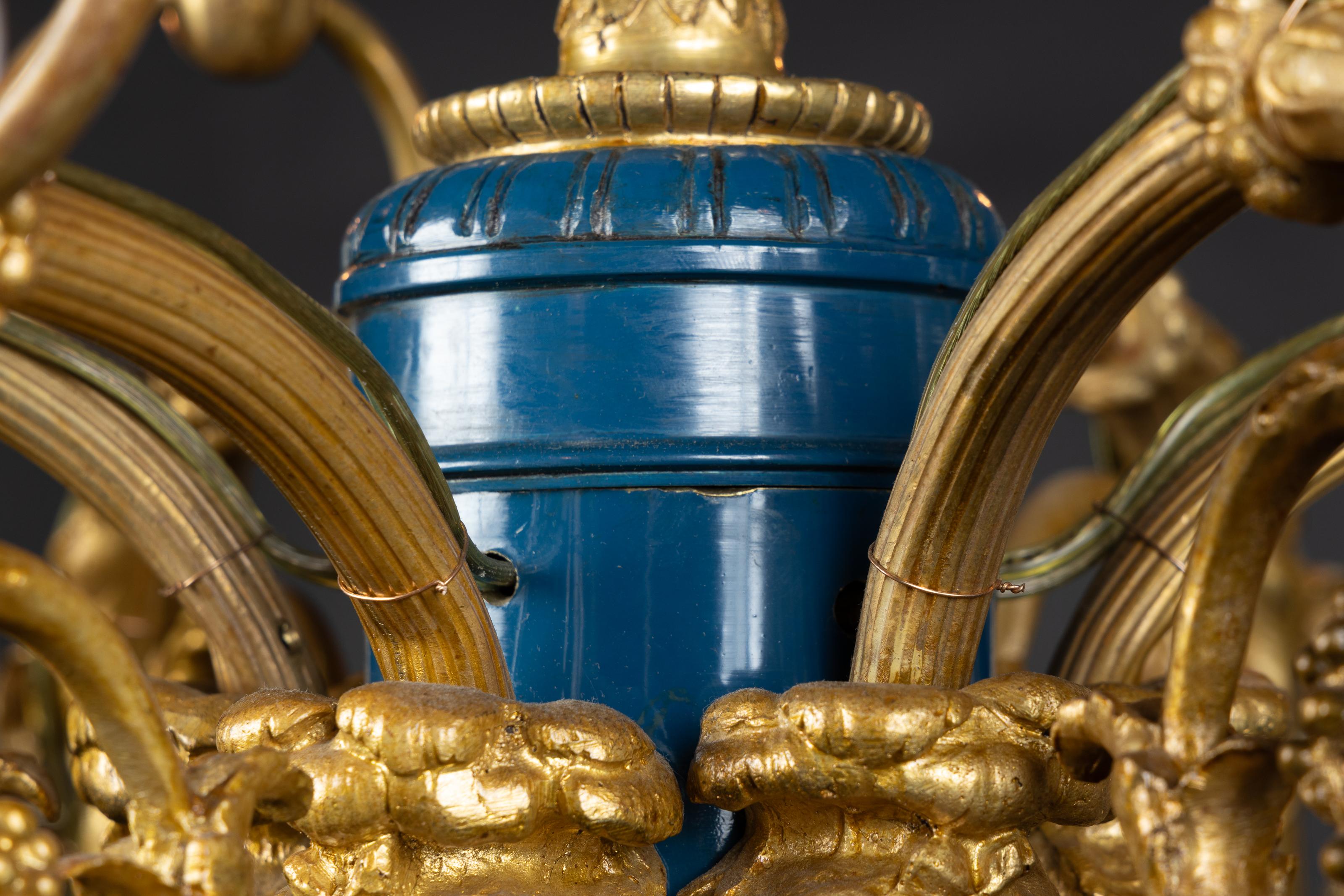 French 19th Century Louis XVI Bronze and Blue Enamel Chandelier For Sale 2