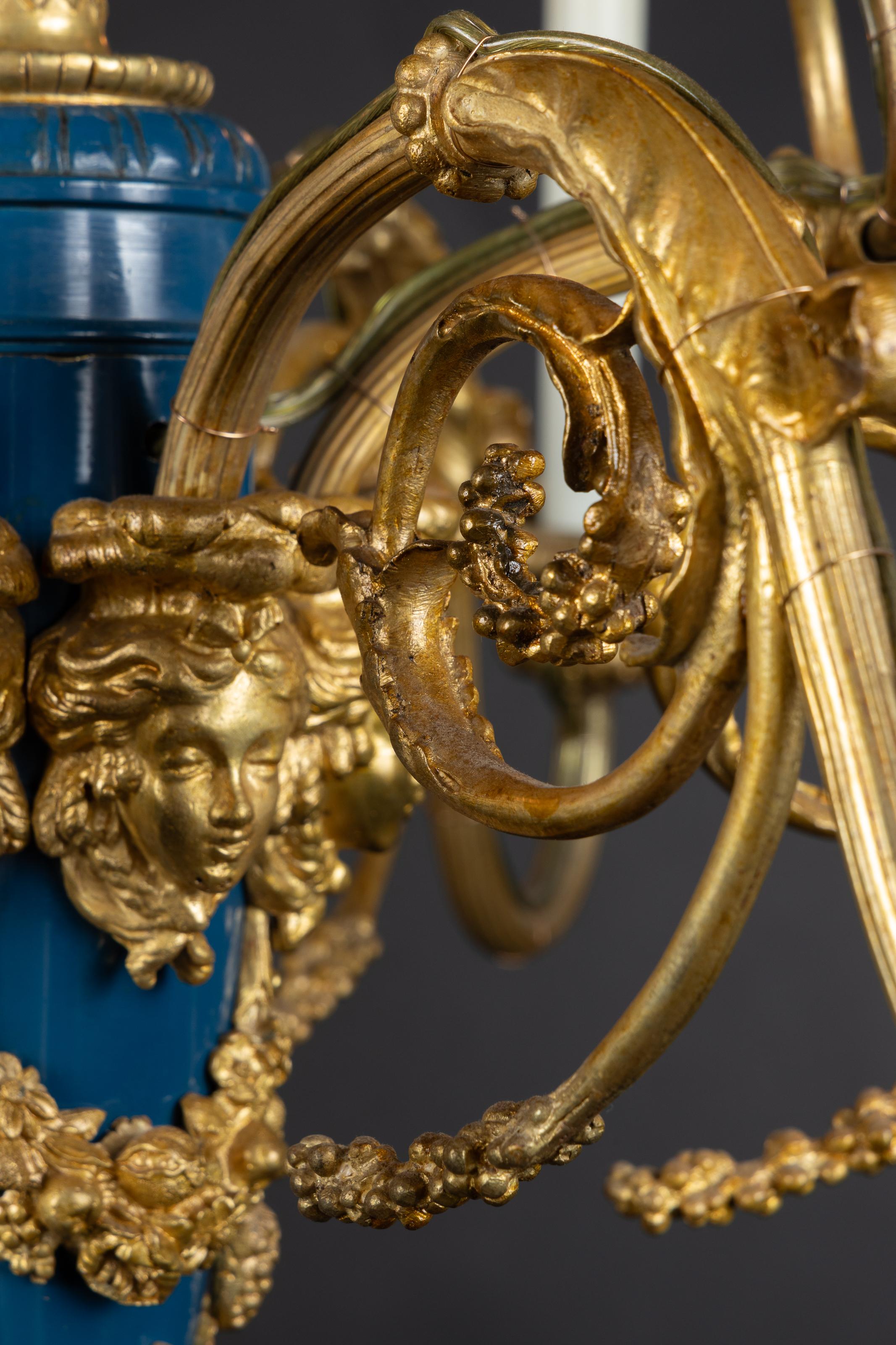 French 19th Century Louis XVI Bronze and Blue Enamel Chandelier For Sale 4