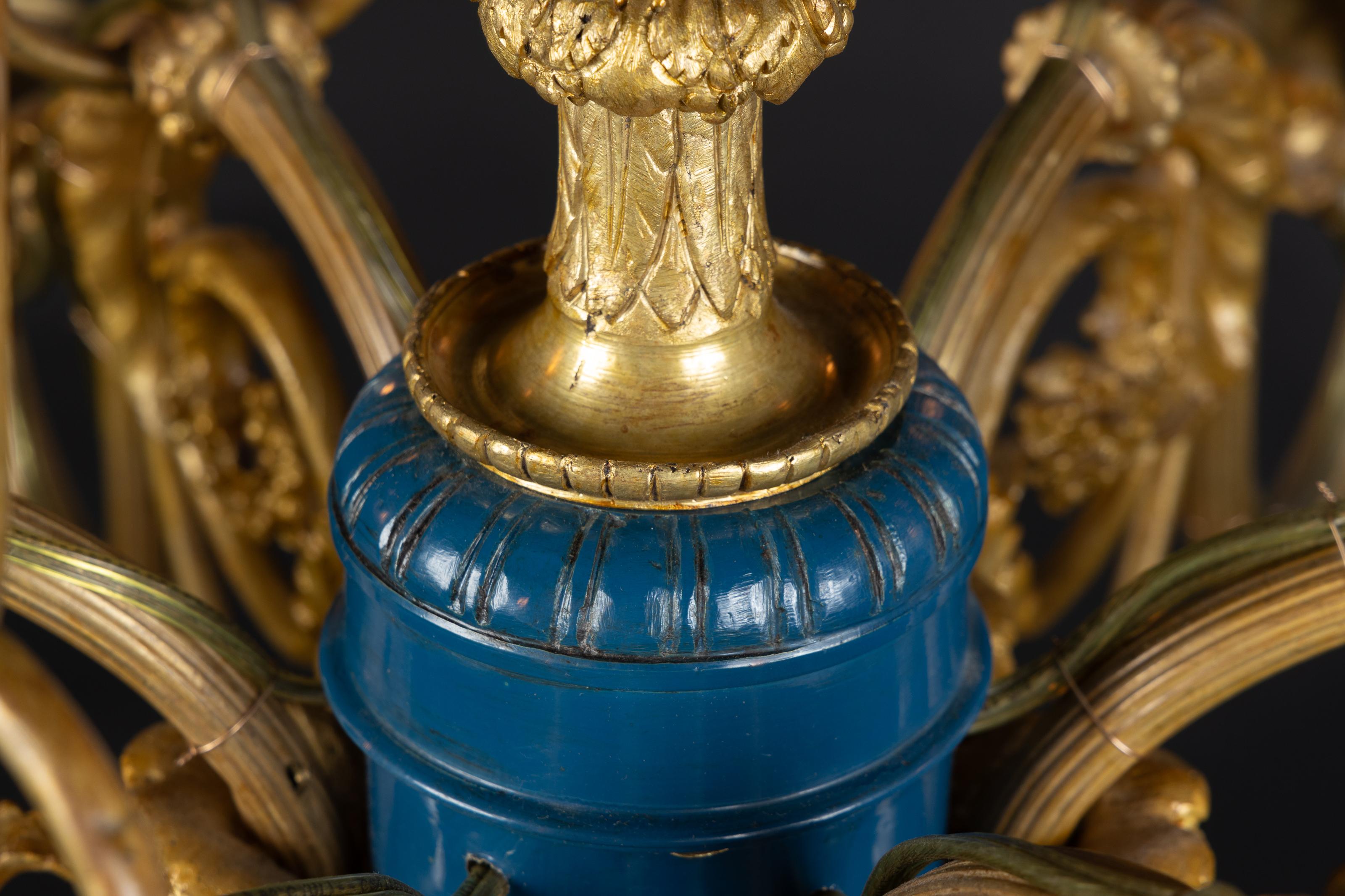 French 19th Century Louis XVI Bronze and Blue Enamel Chandelier For Sale 5
