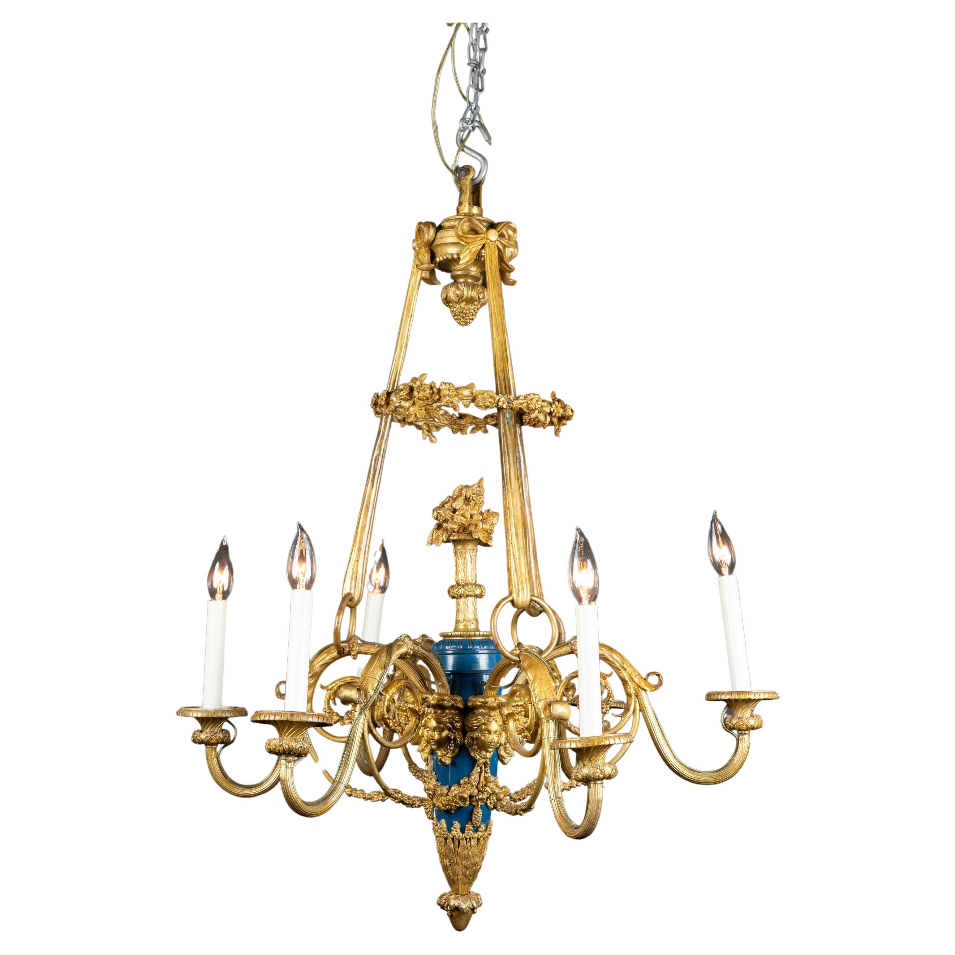 French 19th Century Louis XVI Bronze and Blue Enamel Chandelier For Sale