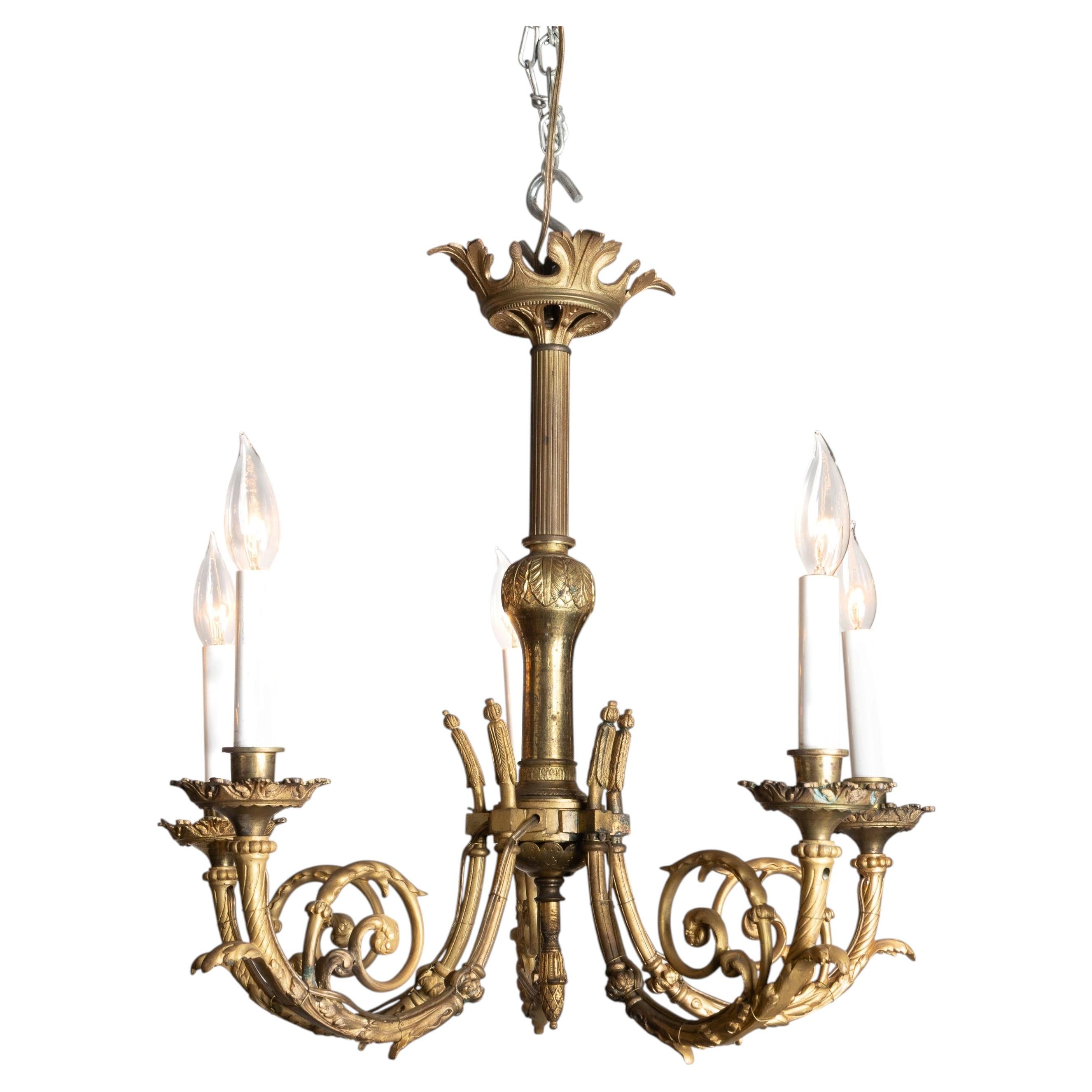 French 19th Century Louis XVI Bronze Chandelier Acanthus Crown and Fluted Center For Sale