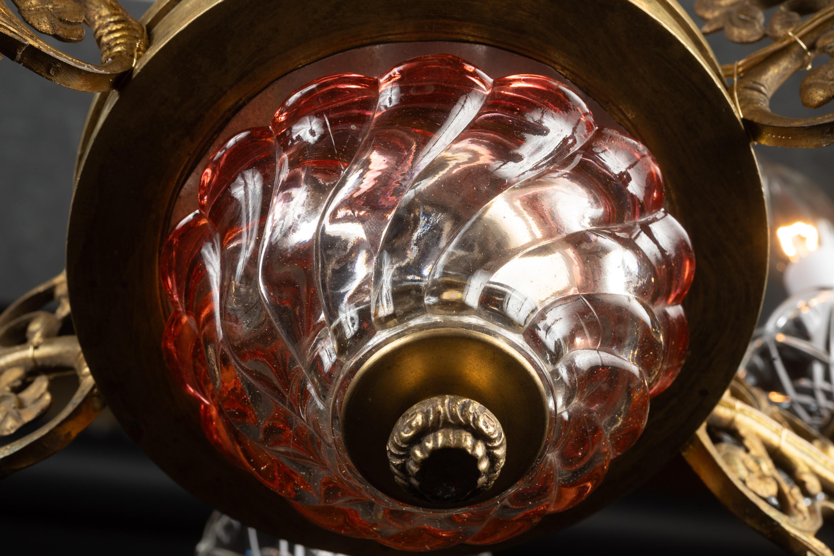 French 19th Century Louis XVI Bronze d’Ore, Red and Clear Crystal Chandelier en vente 6