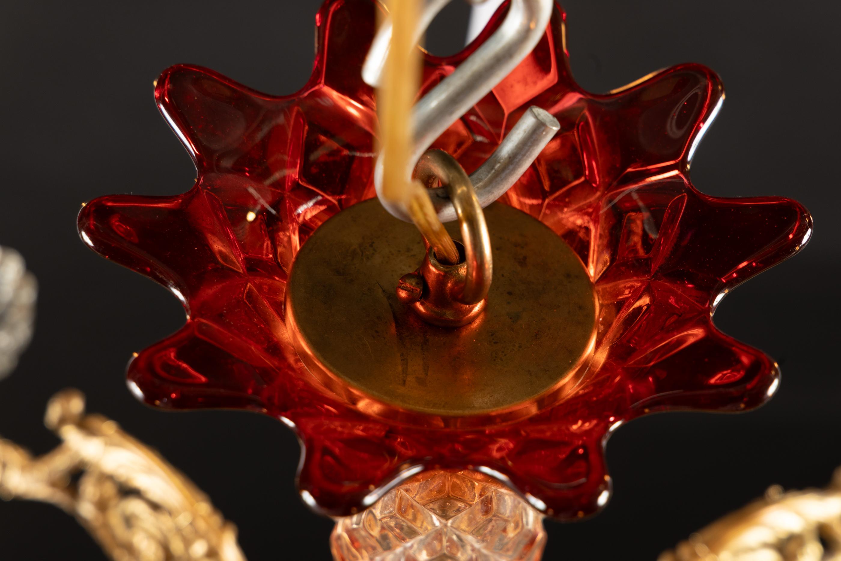 French 19th Century Louis XVI Bronze d’Ore, Red and Clear Crystal Chandelier For Sale 9