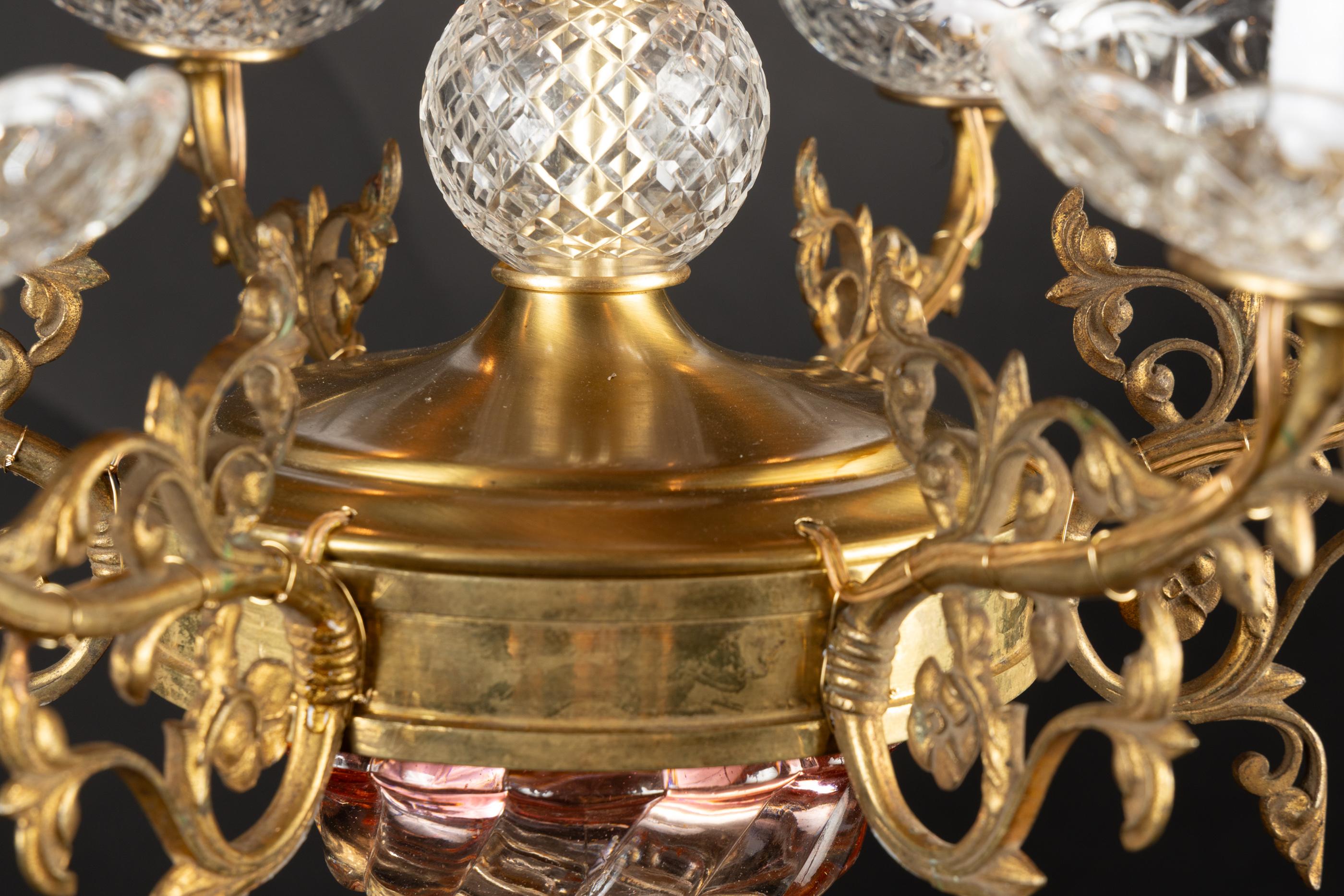 Français French 19th Century Louis XVI Bronze d’Ore, Red and Clear Crystal Chandelier en vente