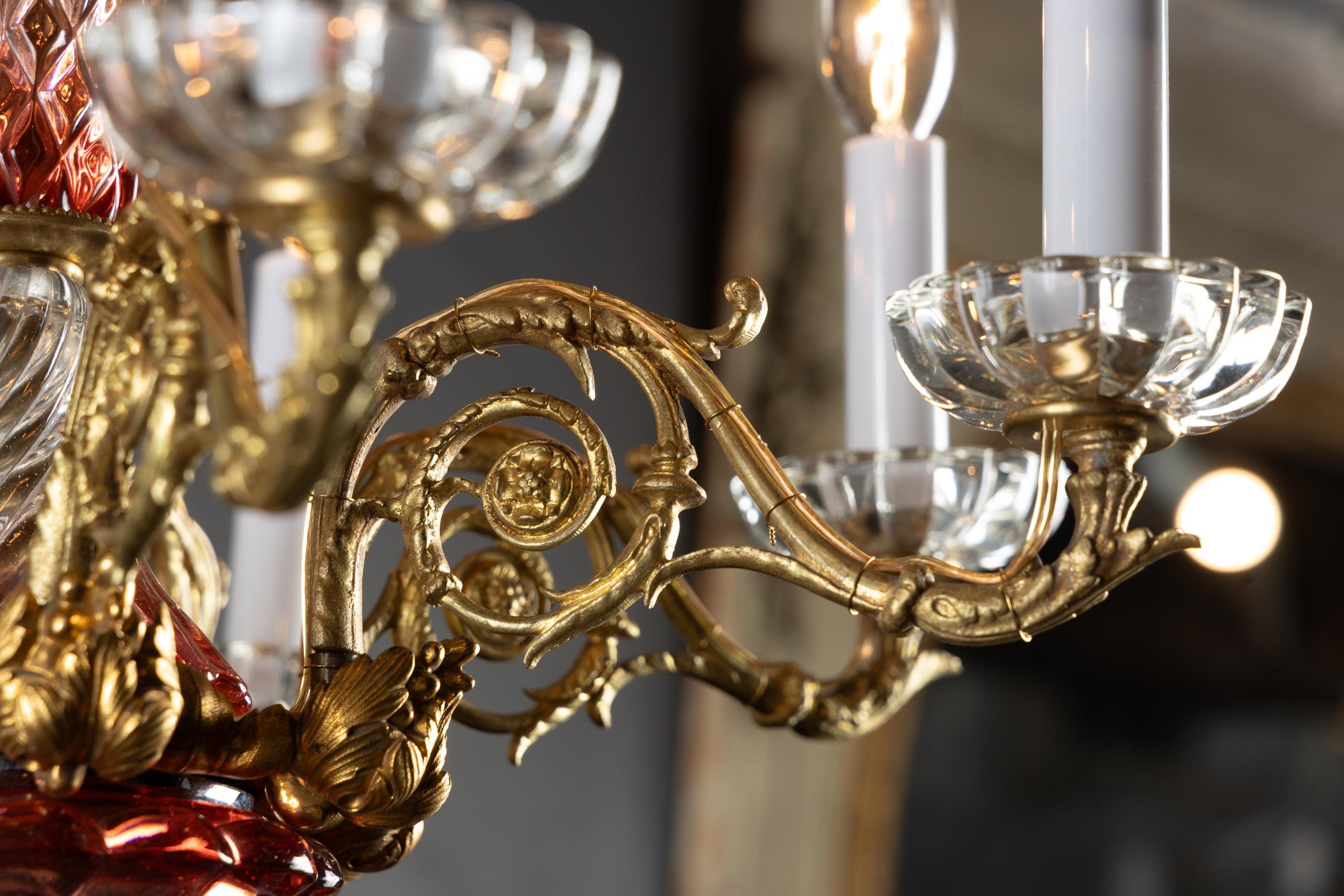 Gold Plate French 19th Century Louis XVI Bronze d’Ore, Red and Clear Crystal Chandelier For Sale