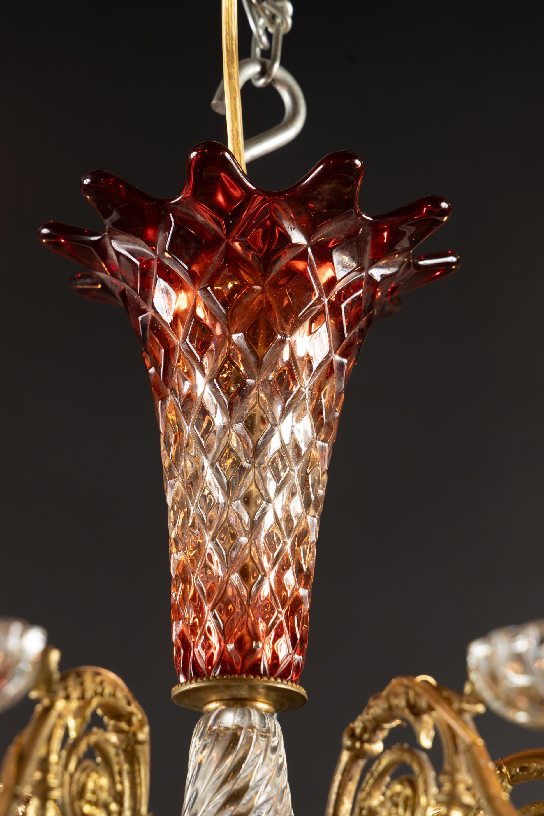 French 19th Century Louis XVI Bronze d’Ore, Red and Clear Crystal Chandelier For Sale 2