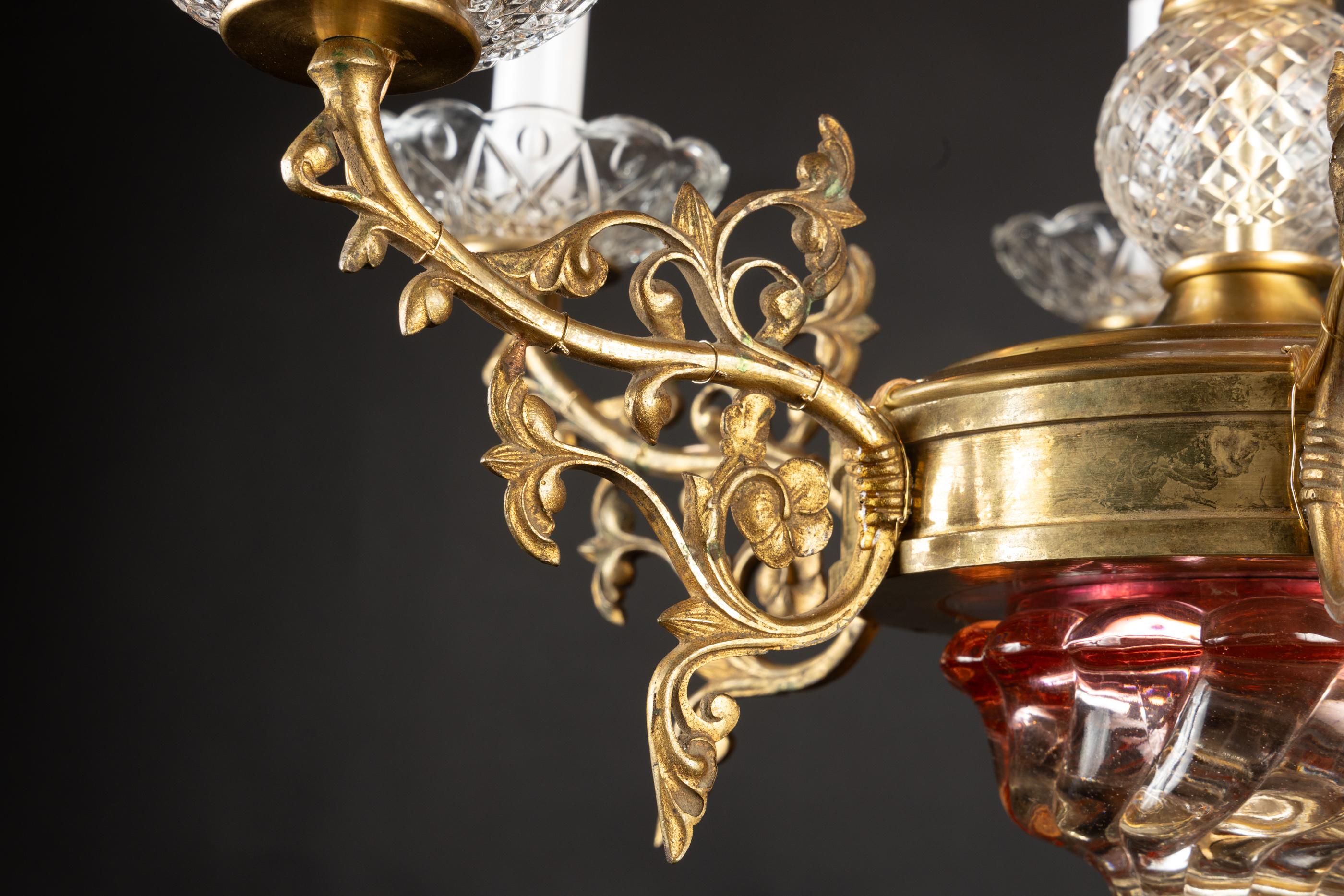 Plaqué or French 19th Century Louis XVI Bronze d’Ore, Red and Clear Crystal Chandelier en vente