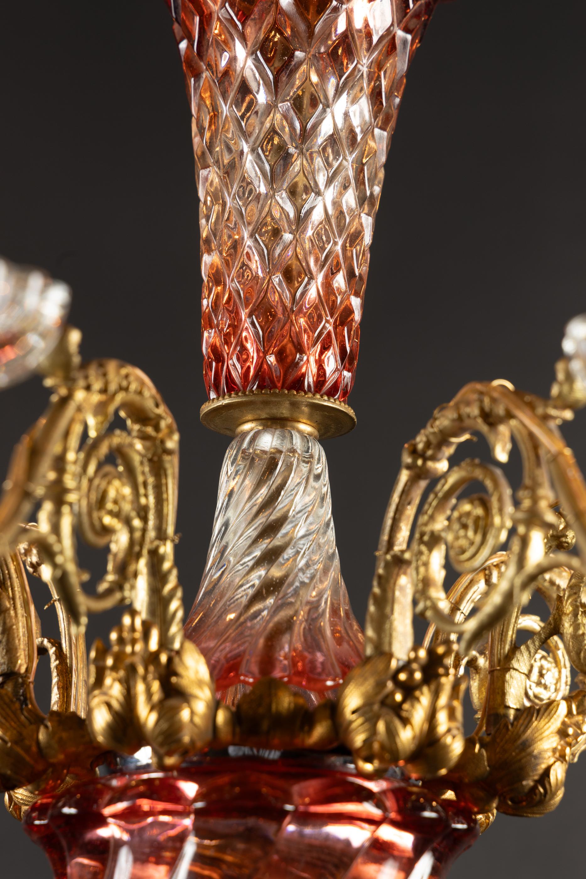 French 19th Century Louis XVI Bronze d’Ore, Red and Clear Crystal Chandelier For Sale 3