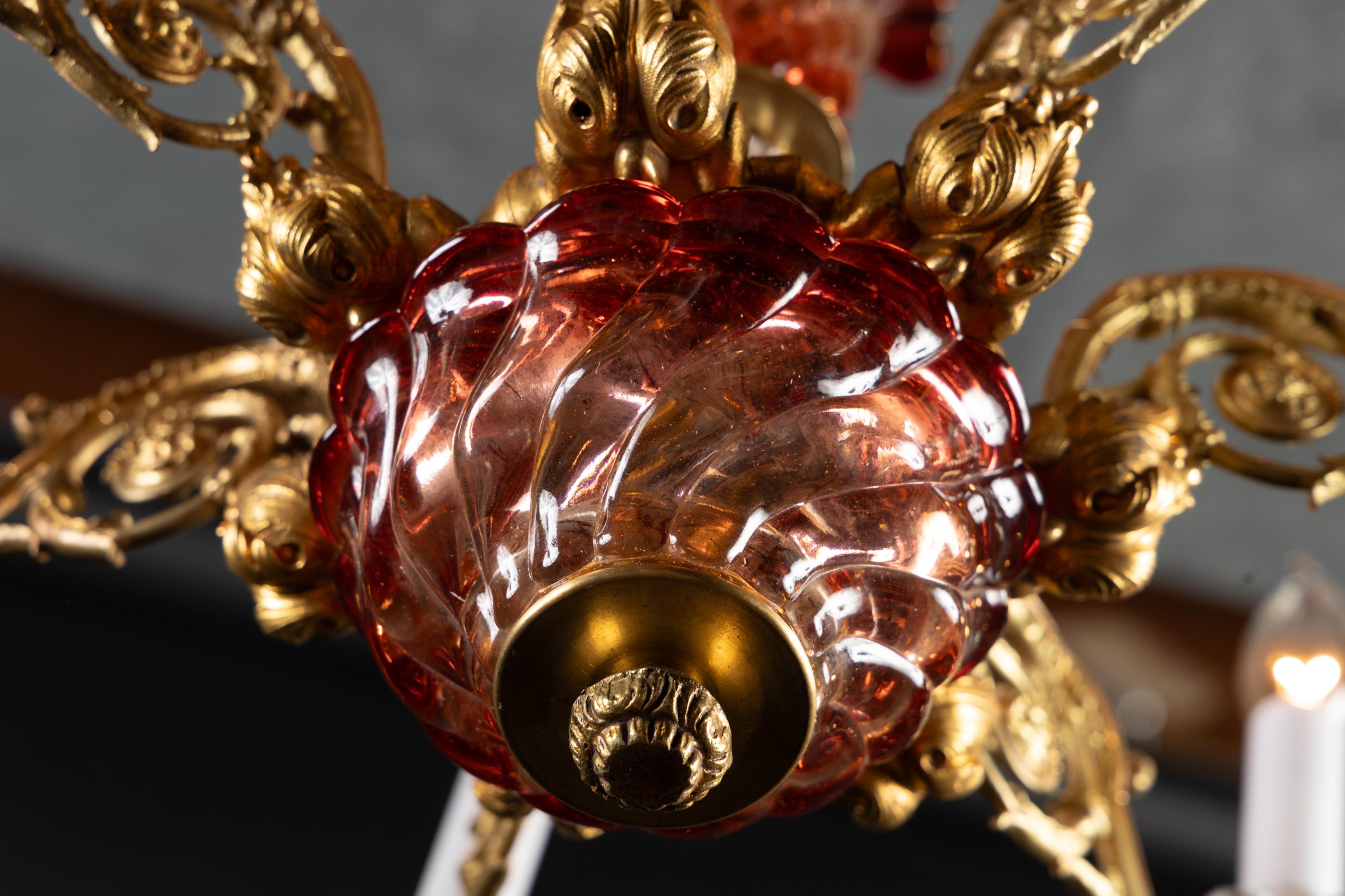 French 19th Century Louis XVI Bronze d’Ore, Red and Clear Crystal Chandelier For Sale 4