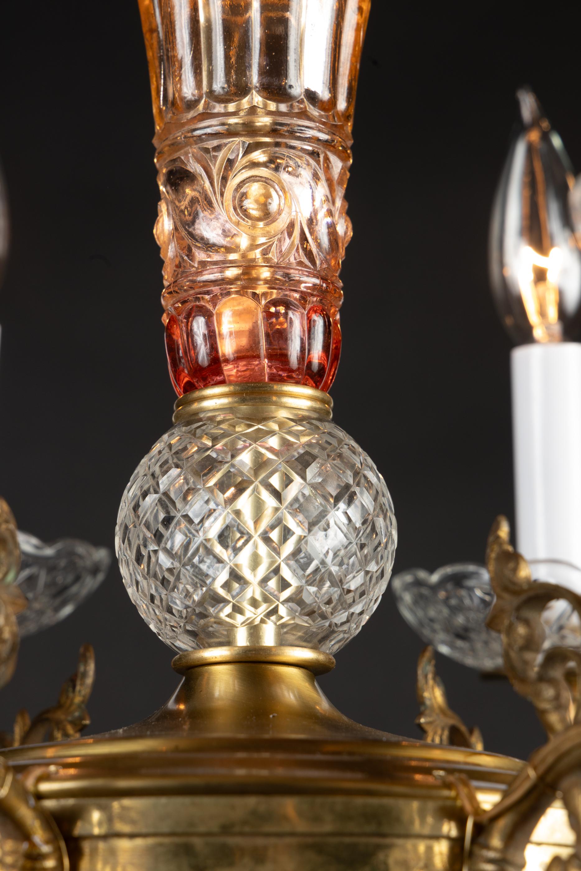 French 19th Century Louis XVI Bronze d’Ore, Red and Clear Crystal Chandelier en vente 2