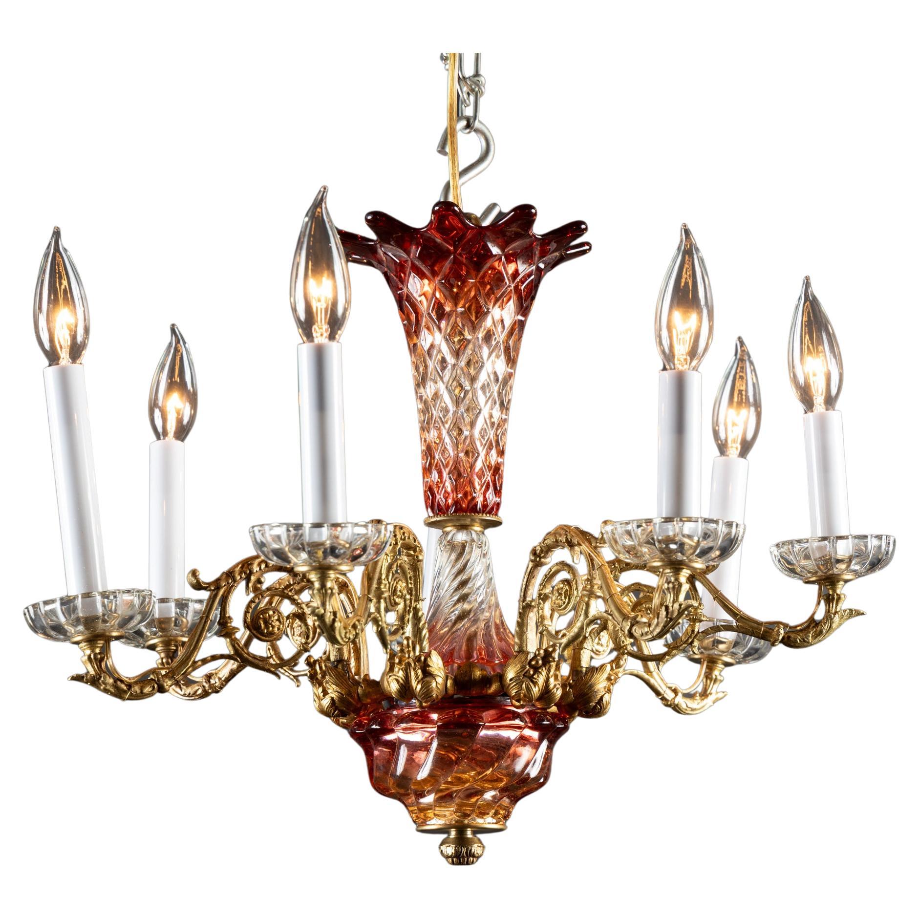 French 19th Century Louis XVI Bronze d’Ore, Red and Clear Crystal Chandelier For Sale