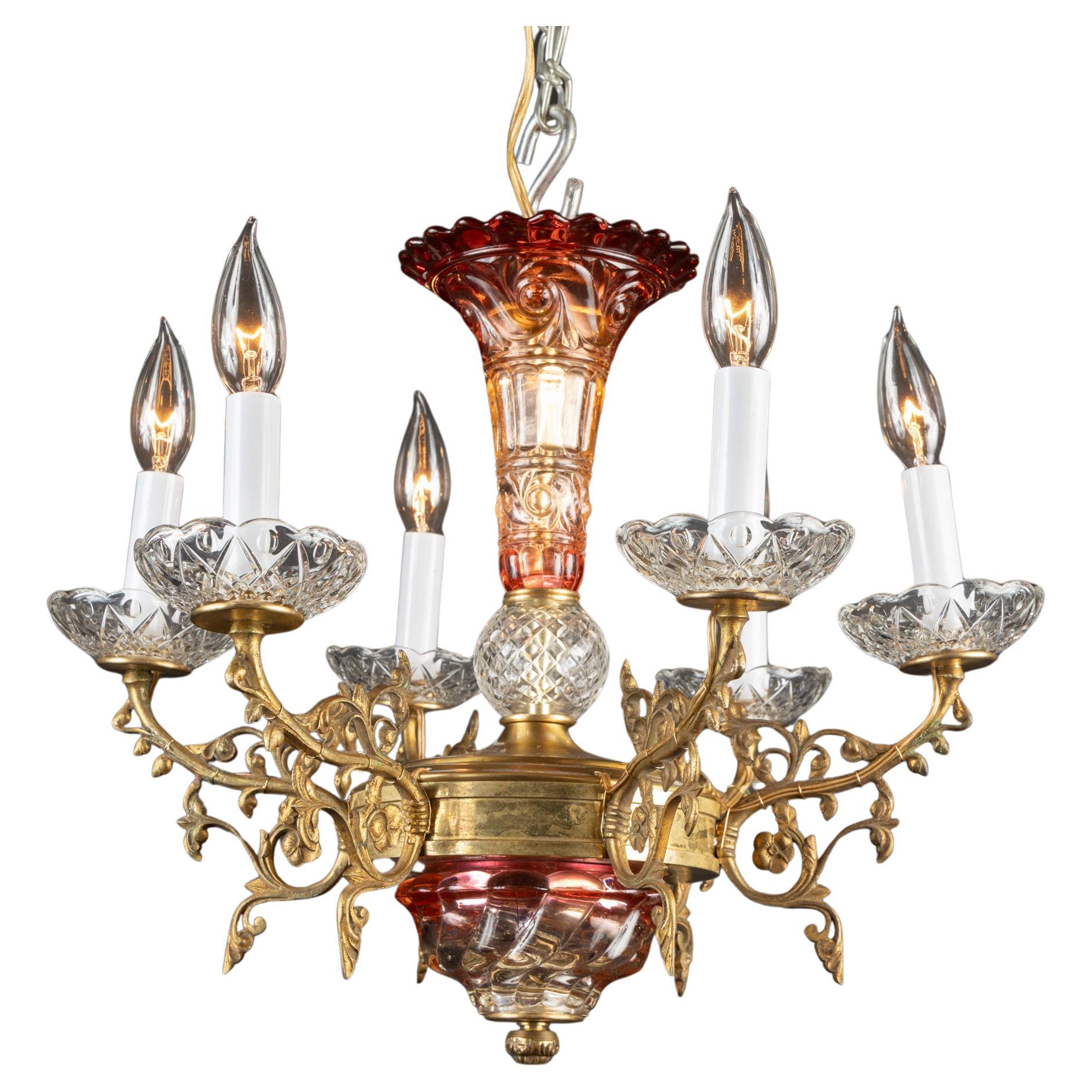 French 19th Century Louis XVI Bronze d’Ore, Red and Clear Crystal Chandelier